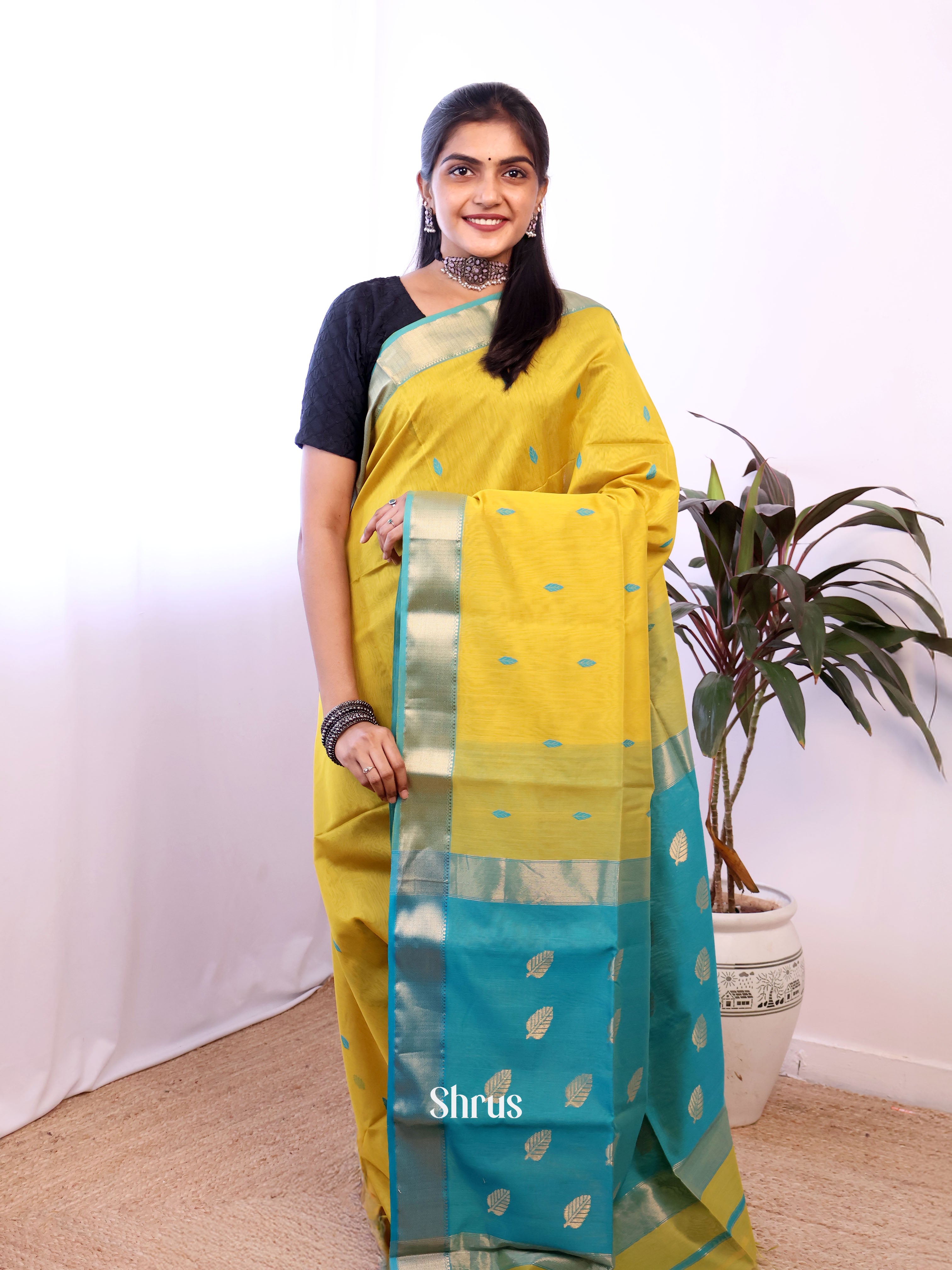 Yellow & Teal - Maheshwari silkcotton Saree - Shop on Shrus.com