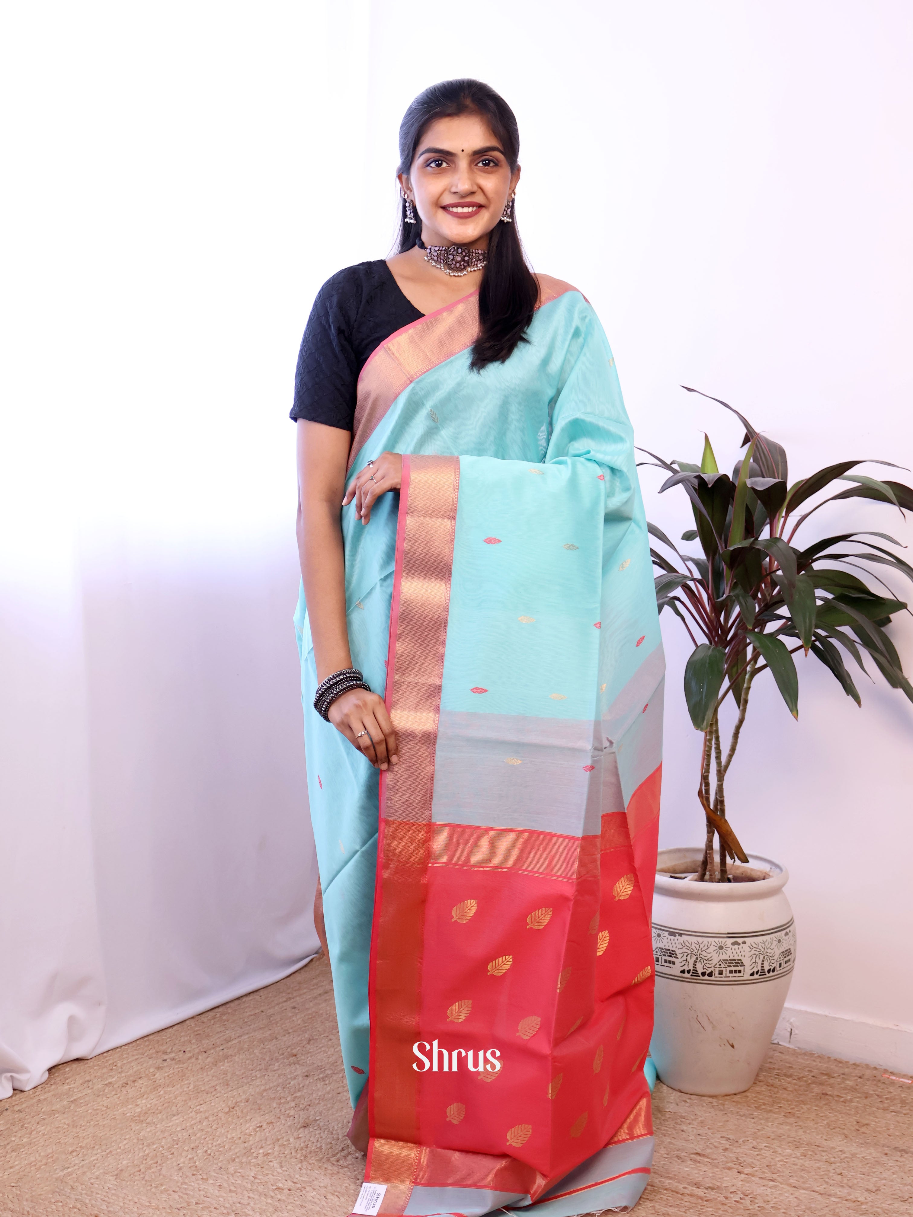 Blue & Reddish Pink - Maheshwari silkcotton Saree - Shop on Shrus.com