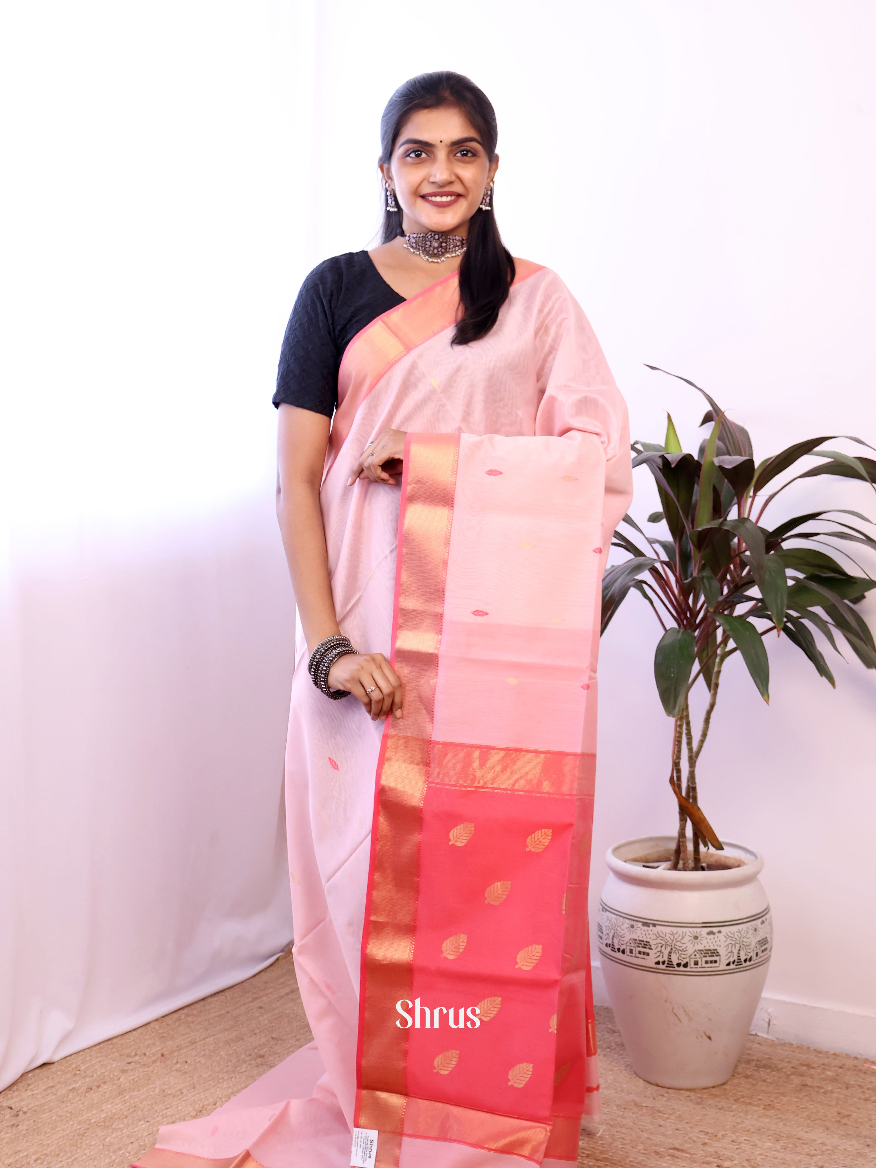 Baby Pink & Pink - Maheshwari silkcotton Saree - Shop on Shrus.com