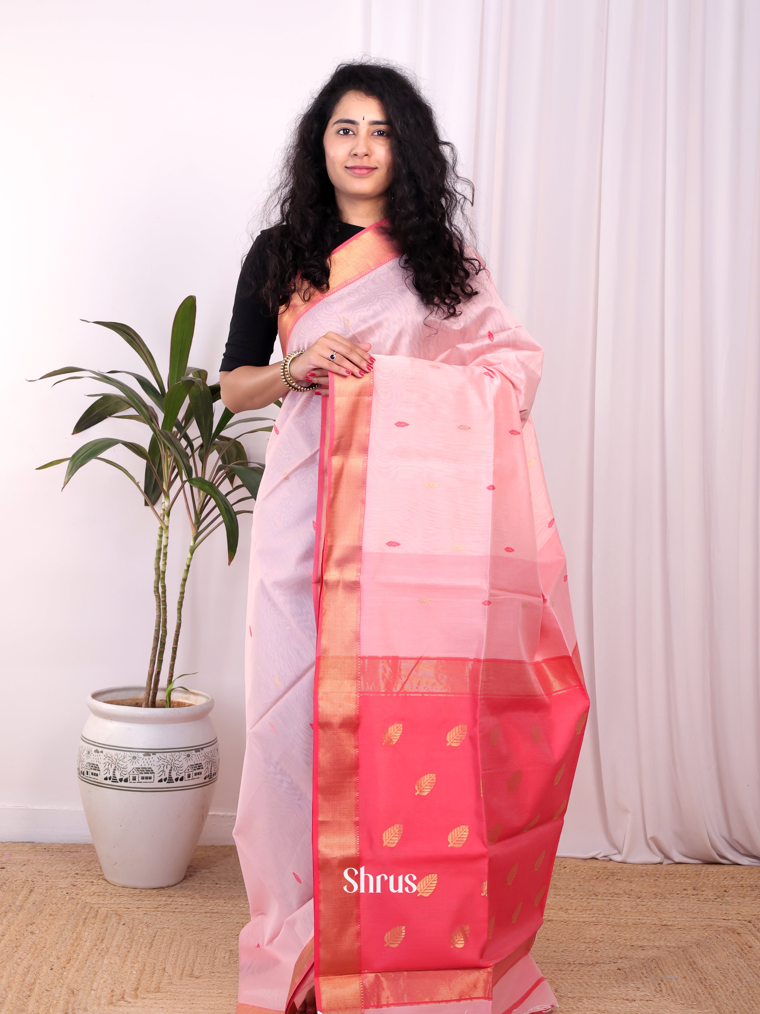 Baby Pink & Pink - Maheshwari silkcotton Saree - Shop on Shrus.com