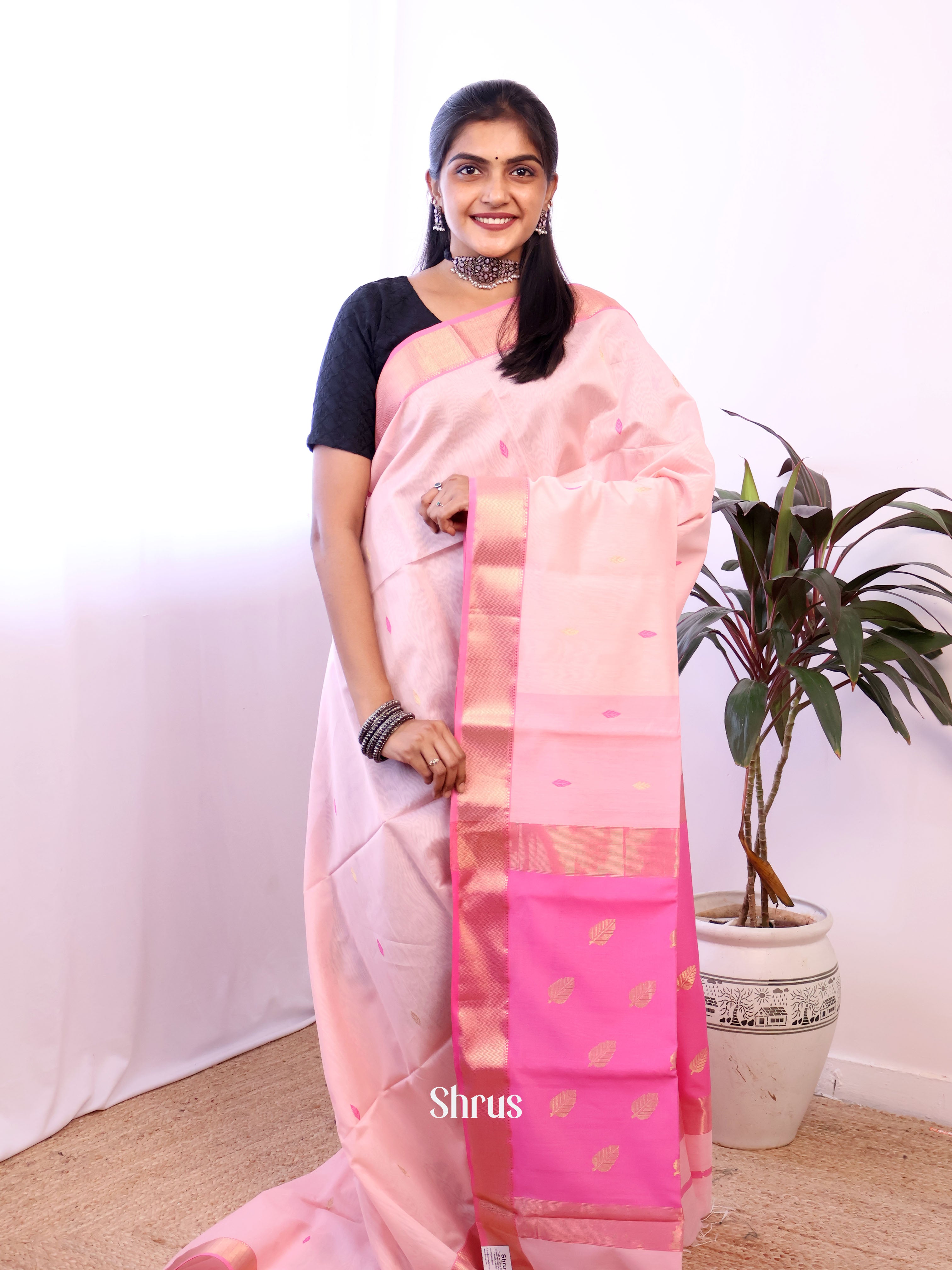 Baby Pink & Pink - Maheshwari silkcotton Saree - Shop on Shrus.com