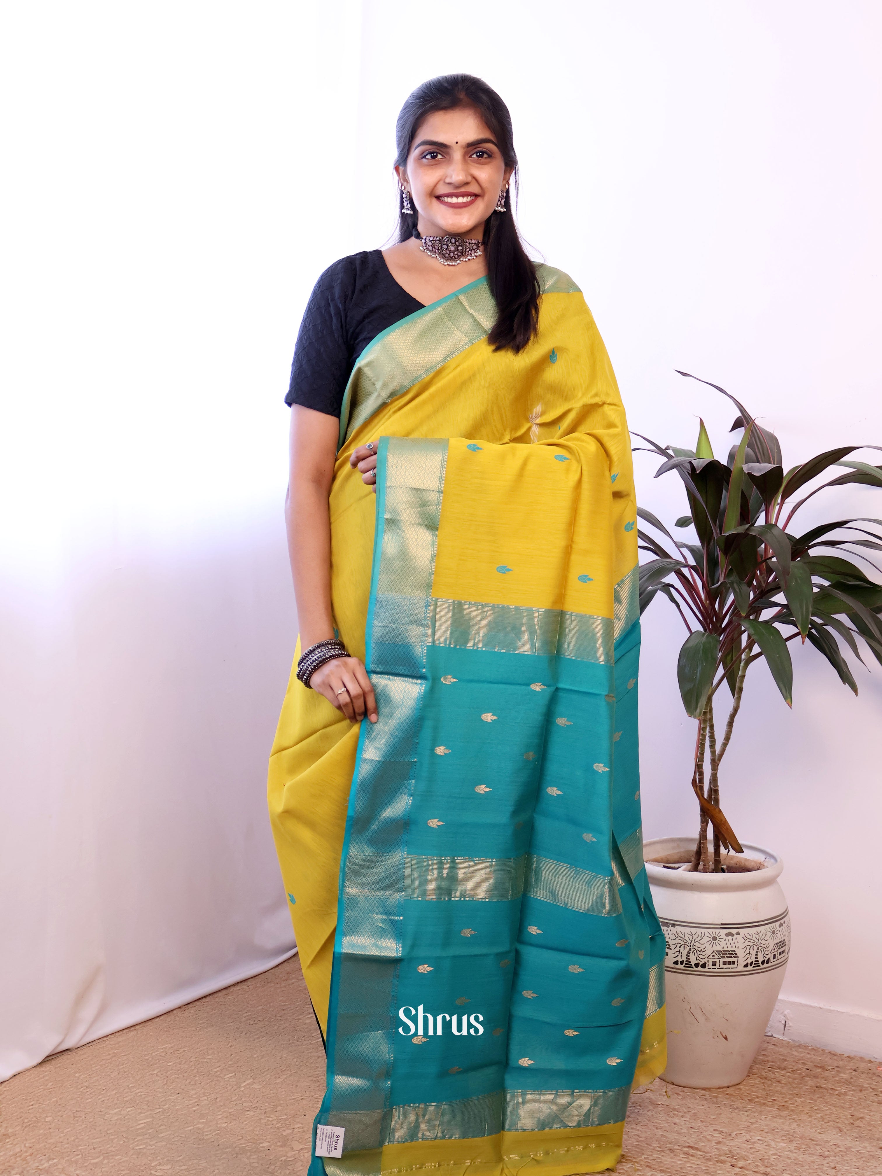 Mustard & Teal - Maheshwari silkcotton Saree - Shop on Shrus.com