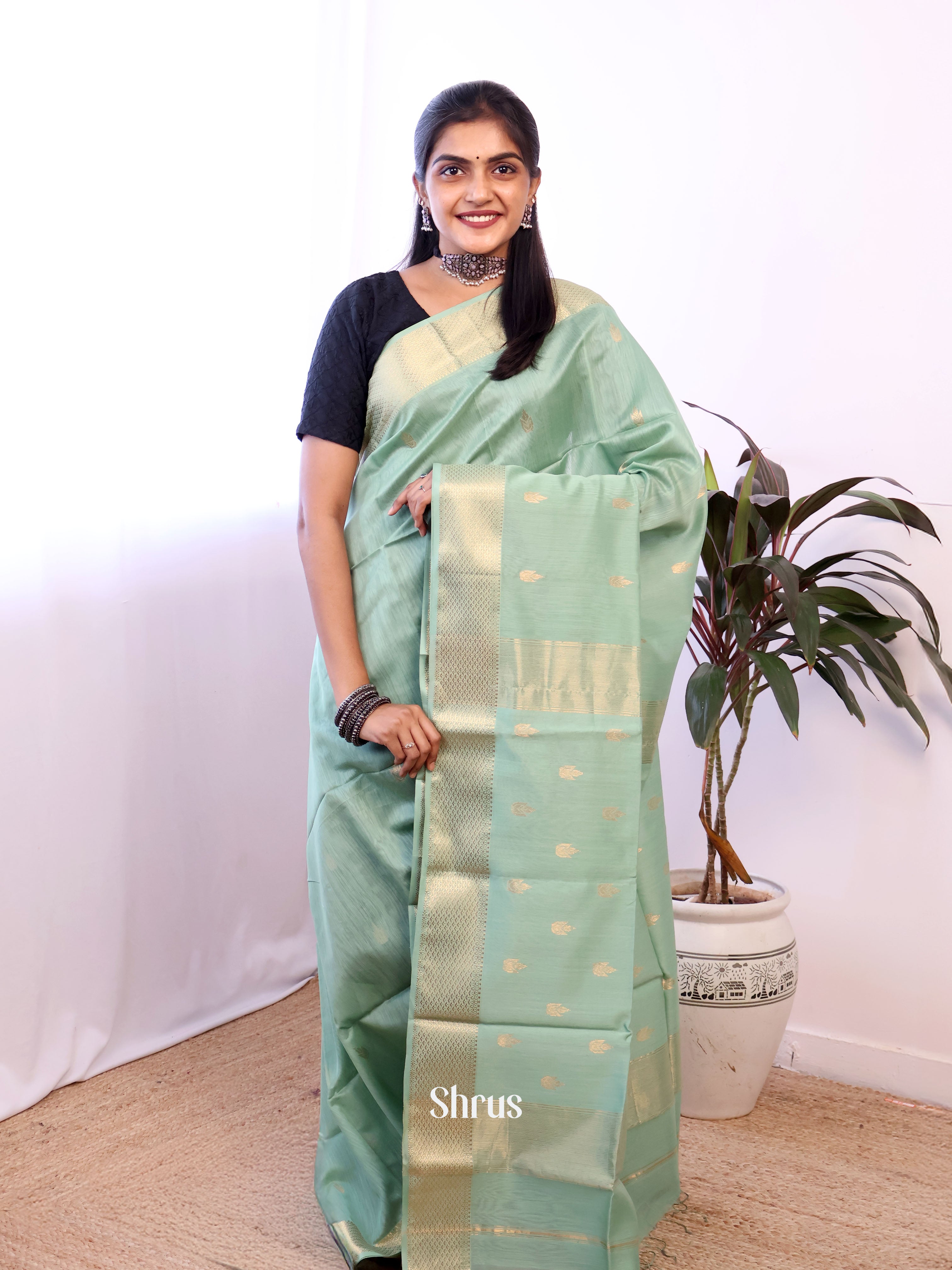 Pastel Green - Maheshwari silkcotton Saree - Shop on Shrus.com