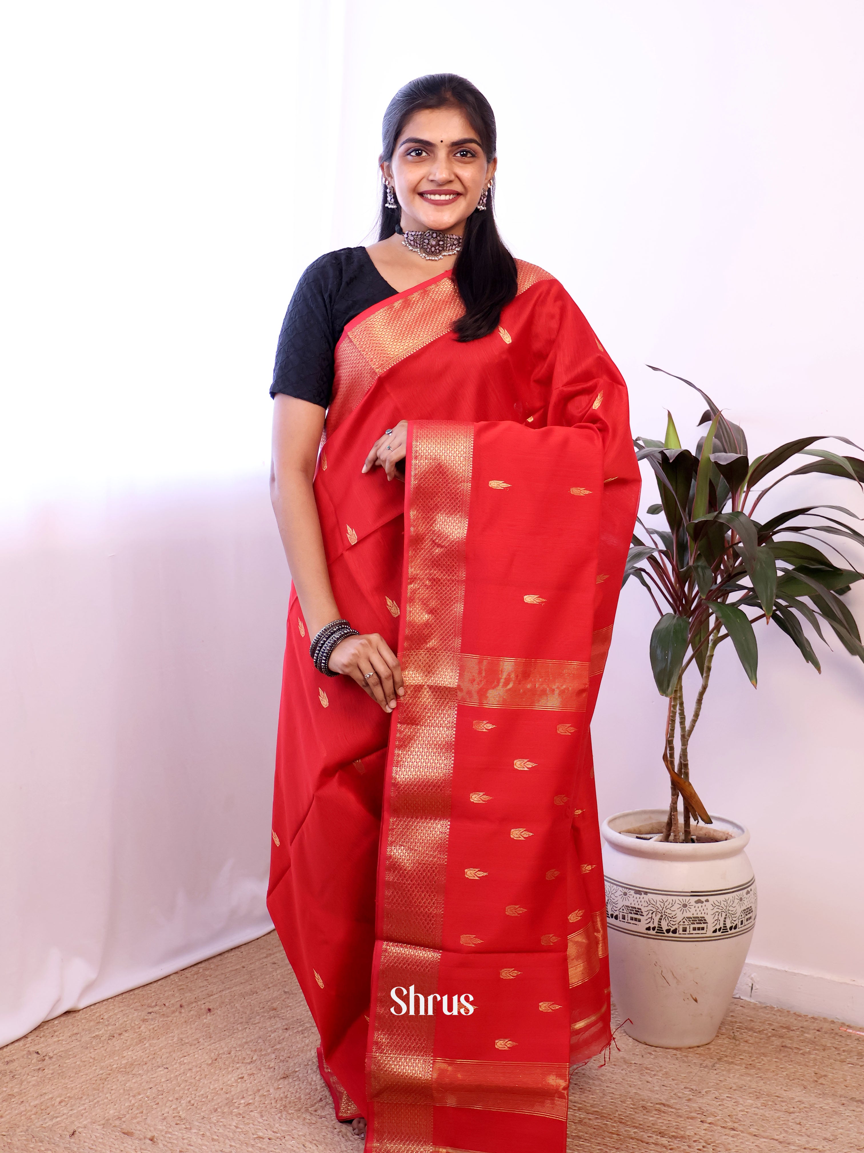 Red- Maheshwari silkcotton Saree - Shop on Shrus.com