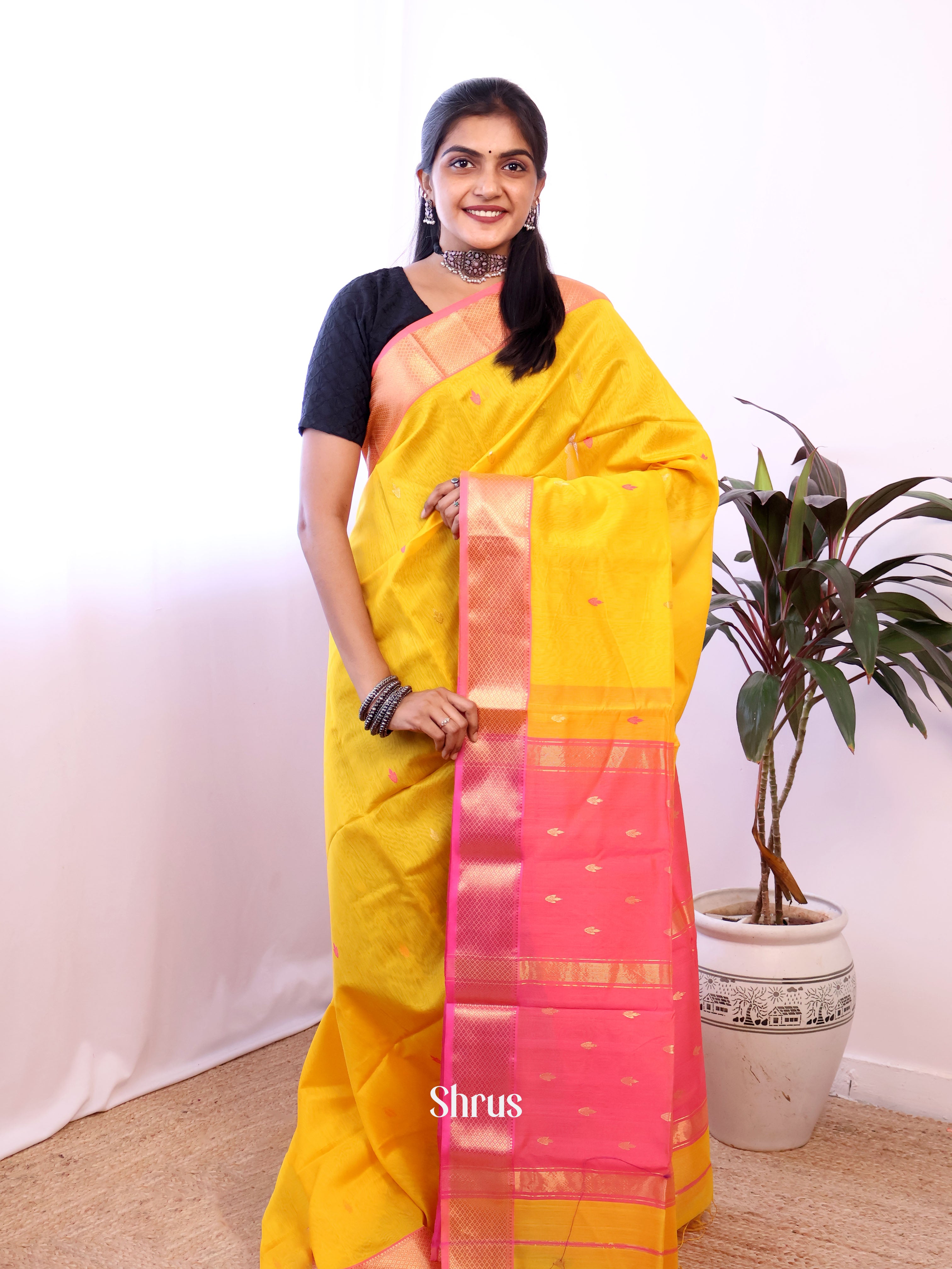 Yellow & Pink - Maheshwari silkcotton Saree - Shop on Shrus.com