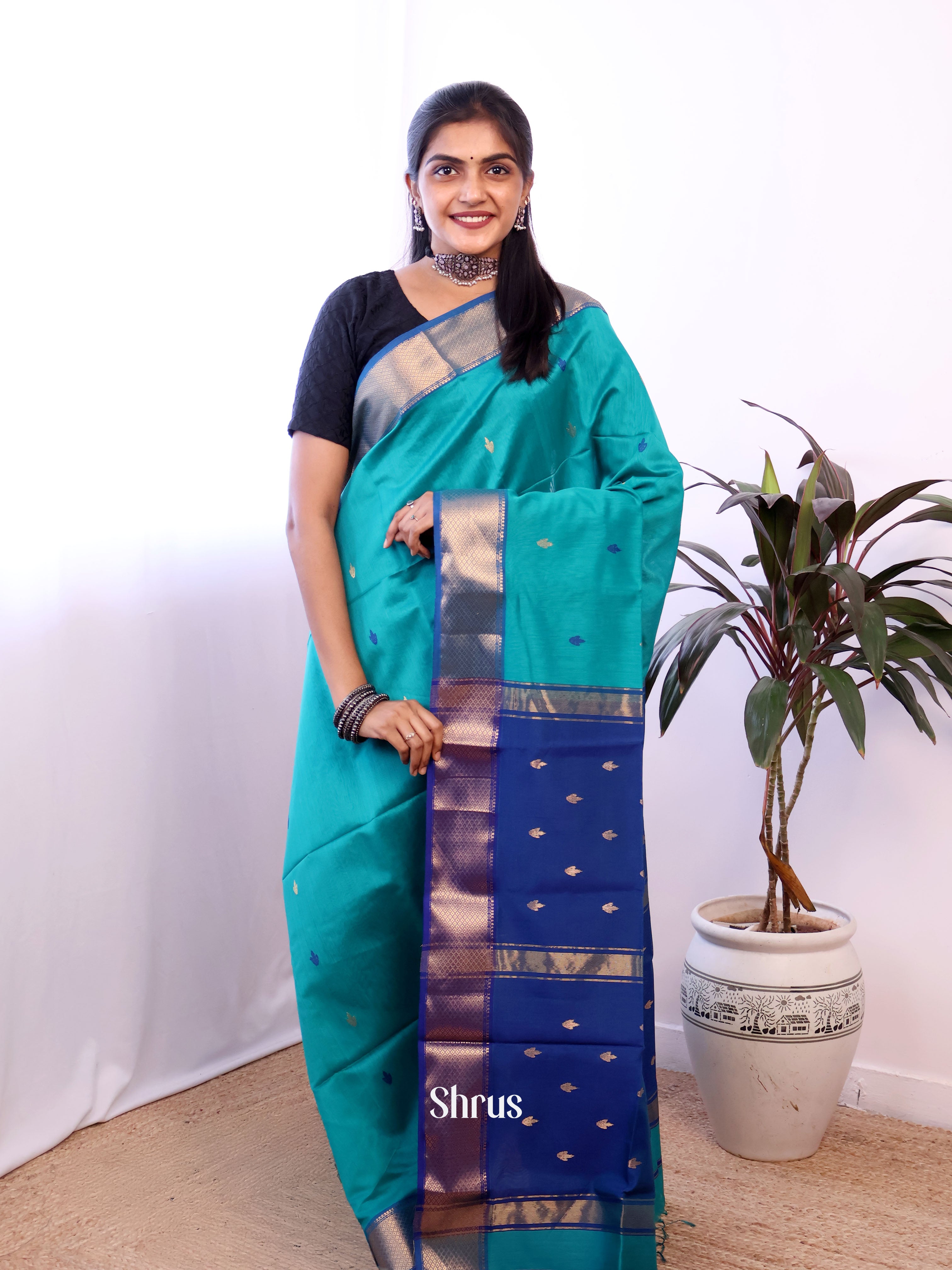 Teal & Blue - Maheshwari silkcotton Saree - Shop on Shrus.com