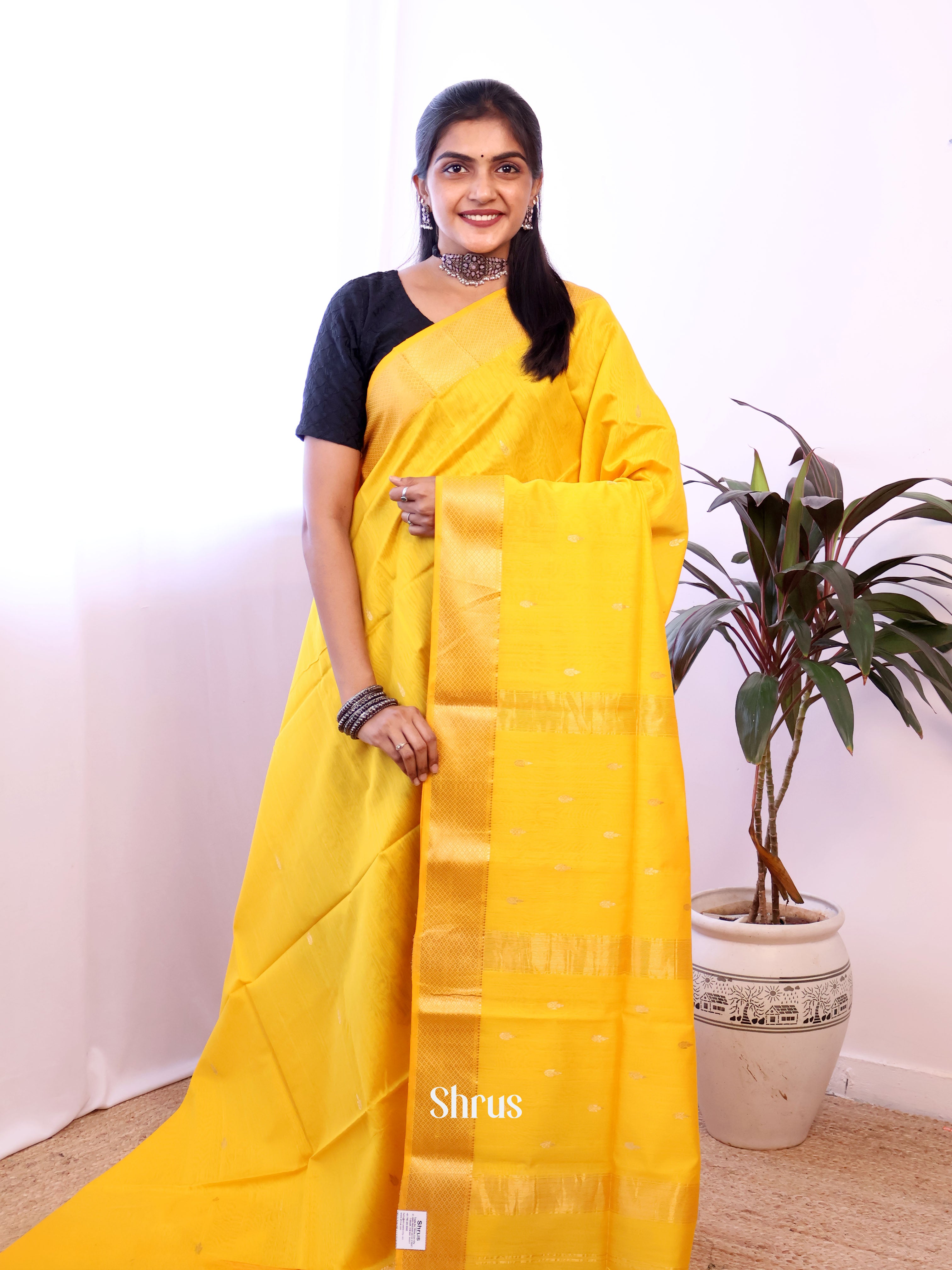 yellow - Maheshwari silkcotton Saree - Shop on Shrus.com