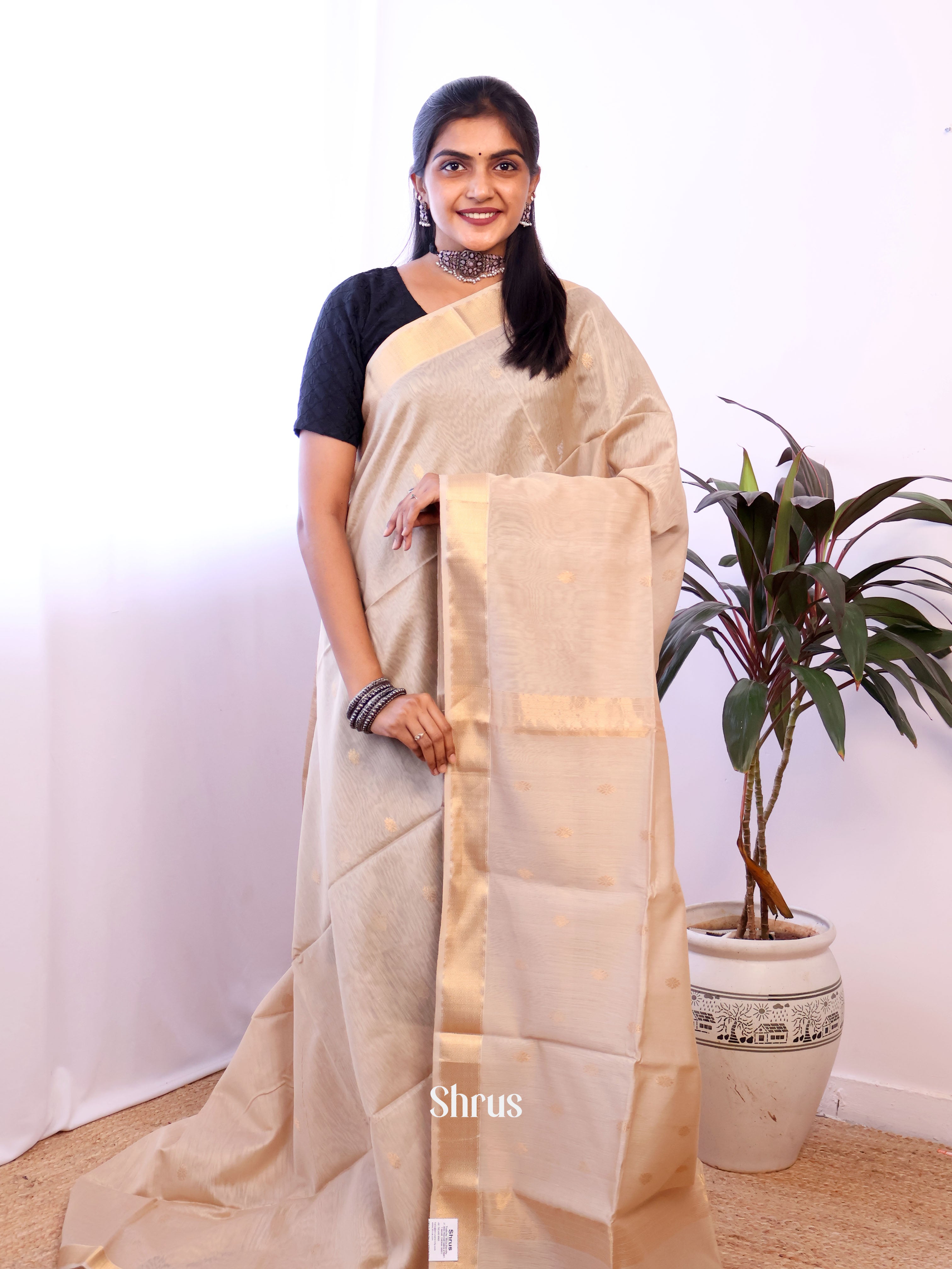 Grey - Maheshwari silkcotton Saree - Shop on Shrus.com