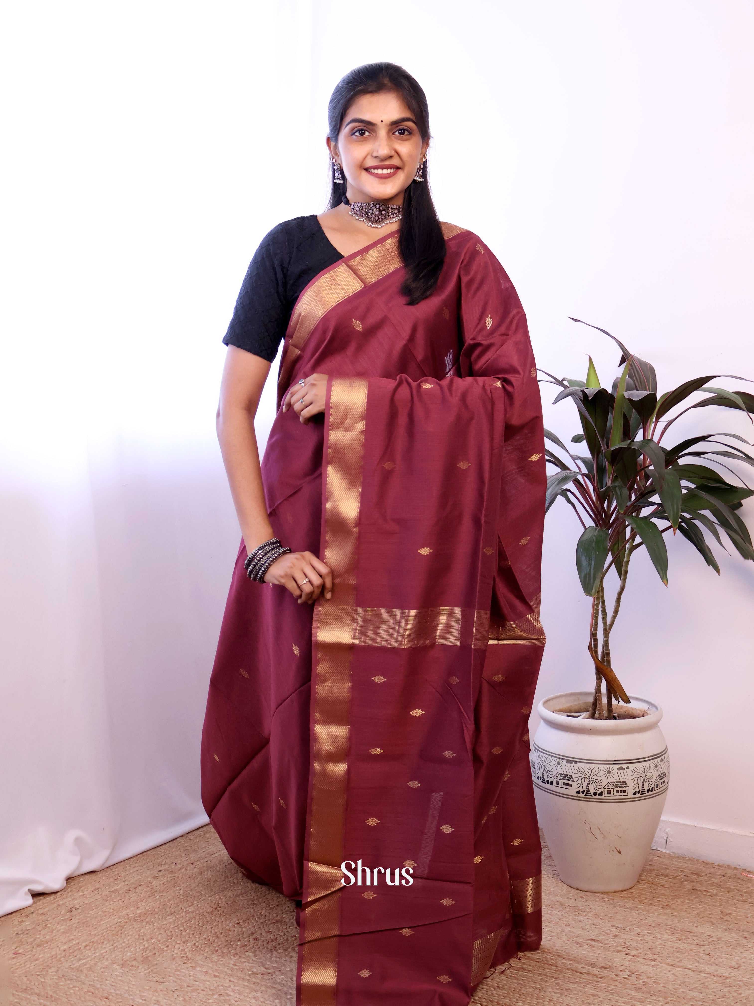 Brown - Maheshwari silkcotton Saree - Shop on Shrus.com