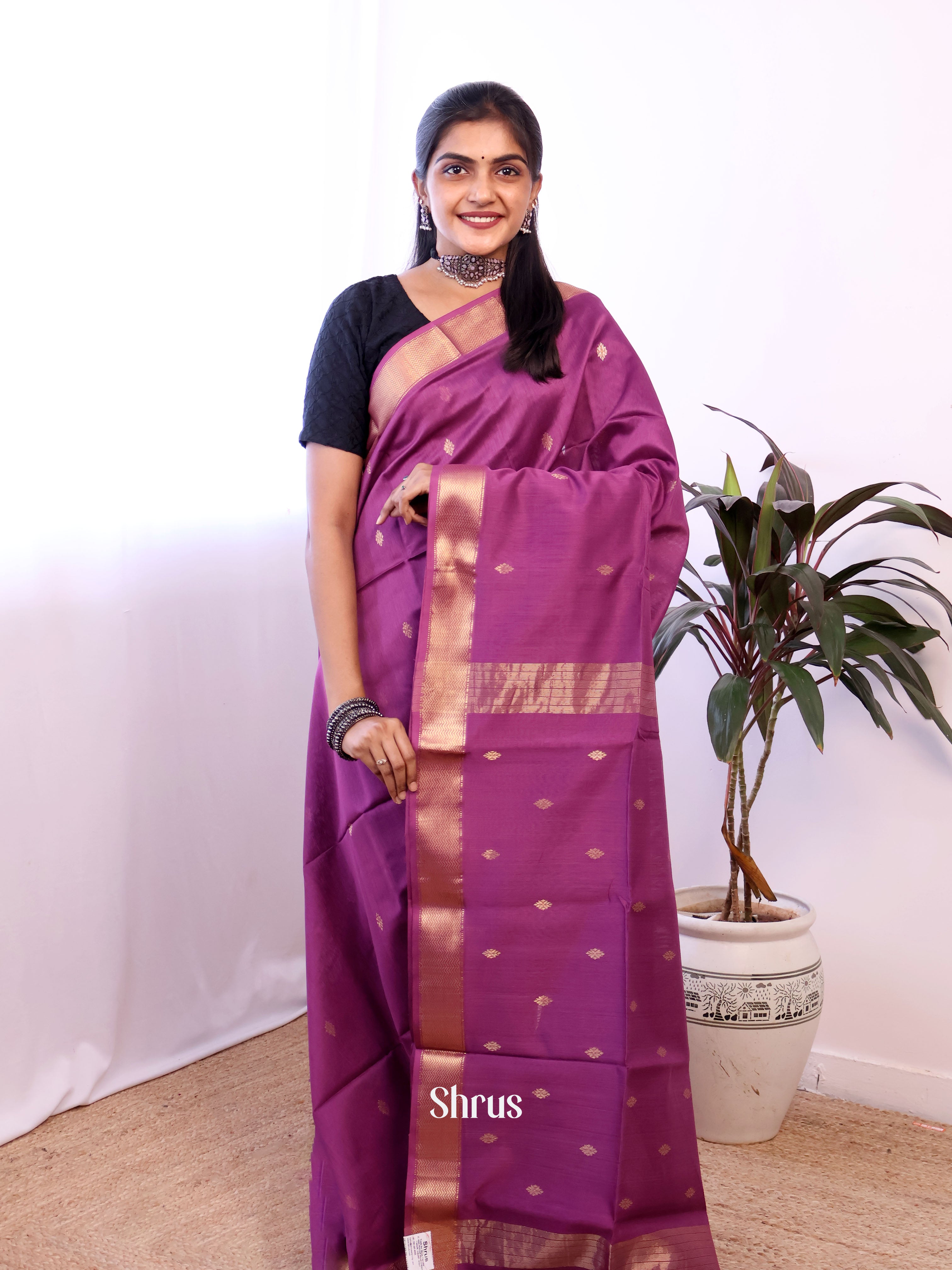 Purple- Maheshwari silkcotton Saree - Shop on Shrus.com