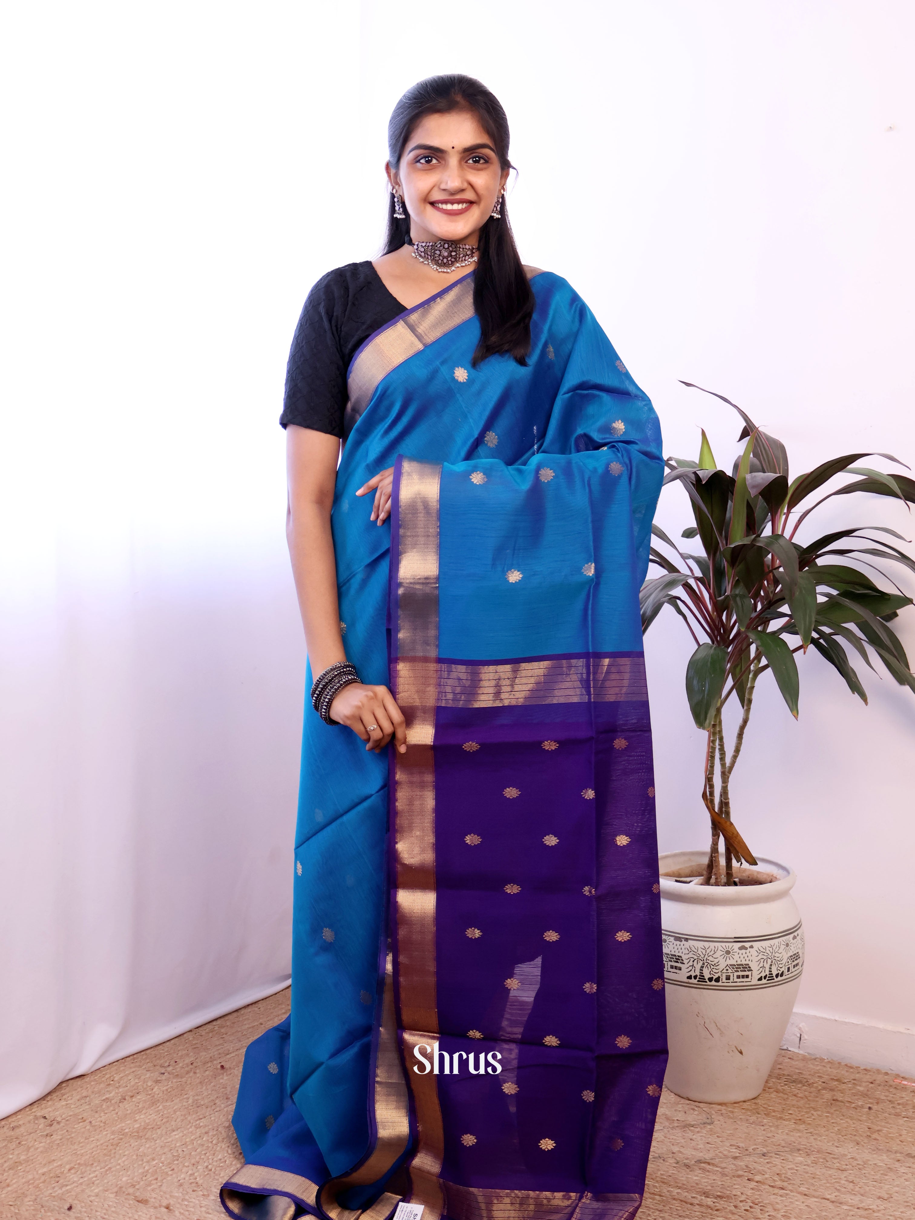 Blue & Violet - Maheshwari silkcotton Saree - Shop on Shrus.com
