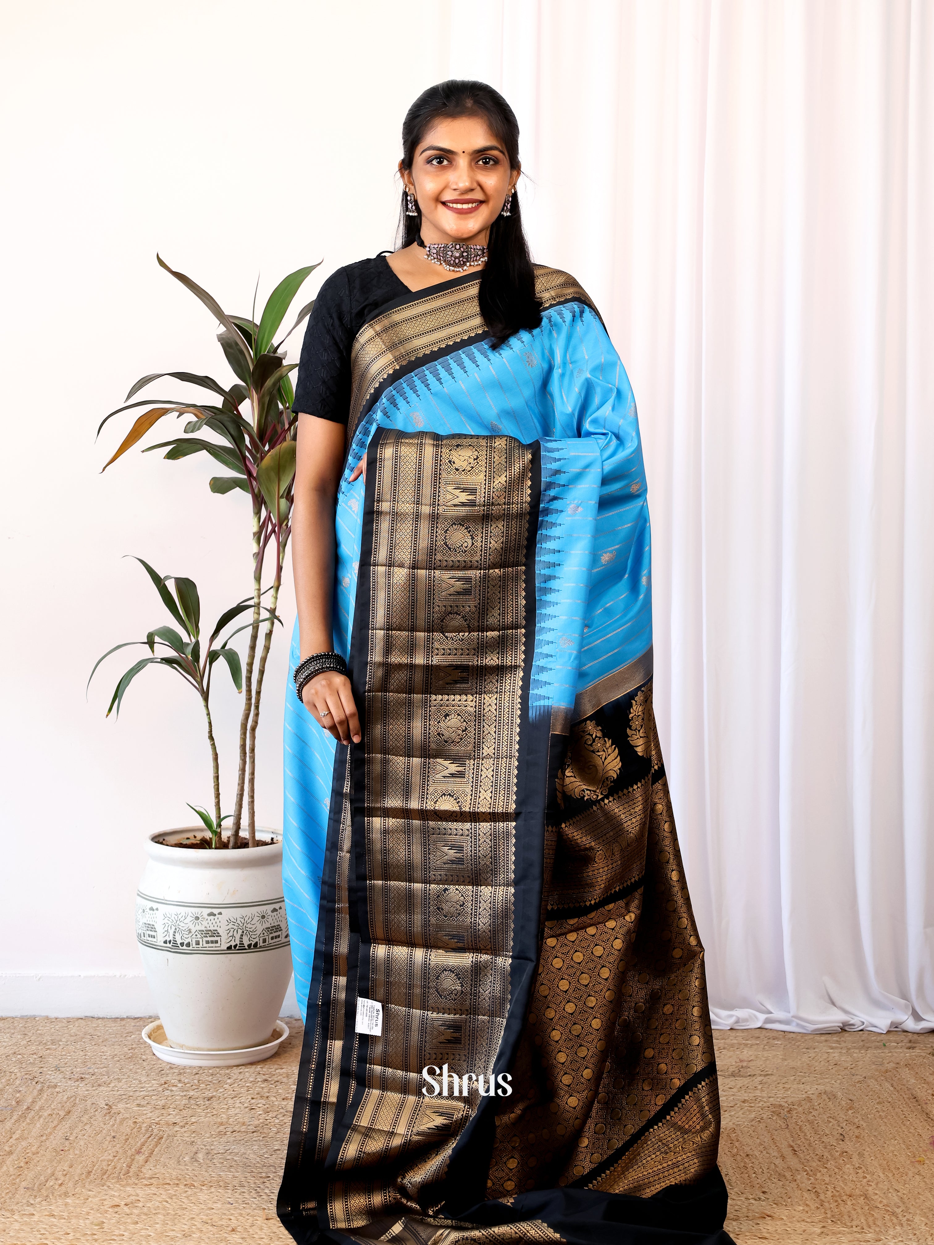 Teal Blue - Gadwal Halfpure Saree - Shop on Shrus.com