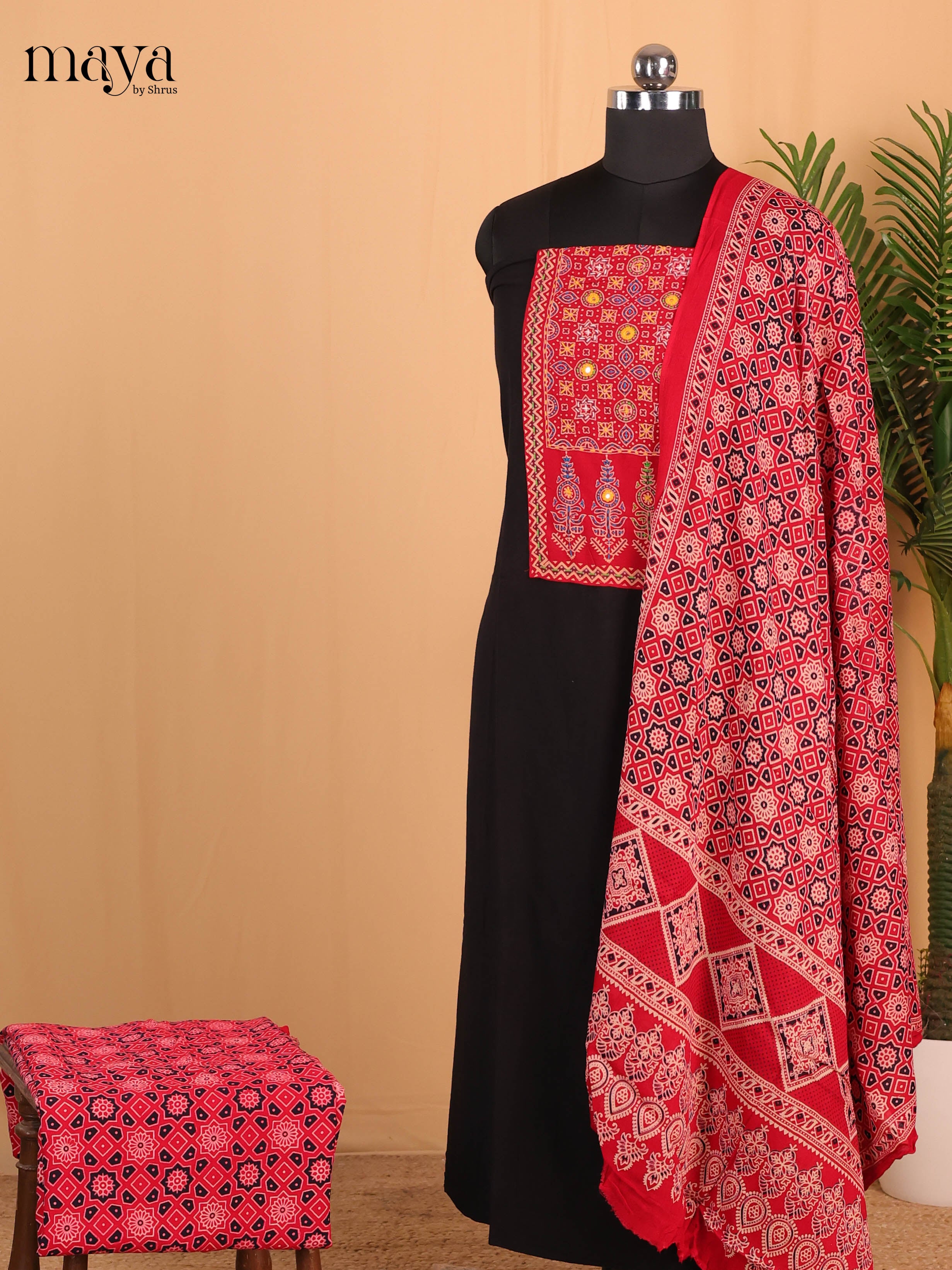 Black & Red- Ajrakh Salwar suit Top Bottom & Dupatta - CJS07064 - Shop on Shrus.com
