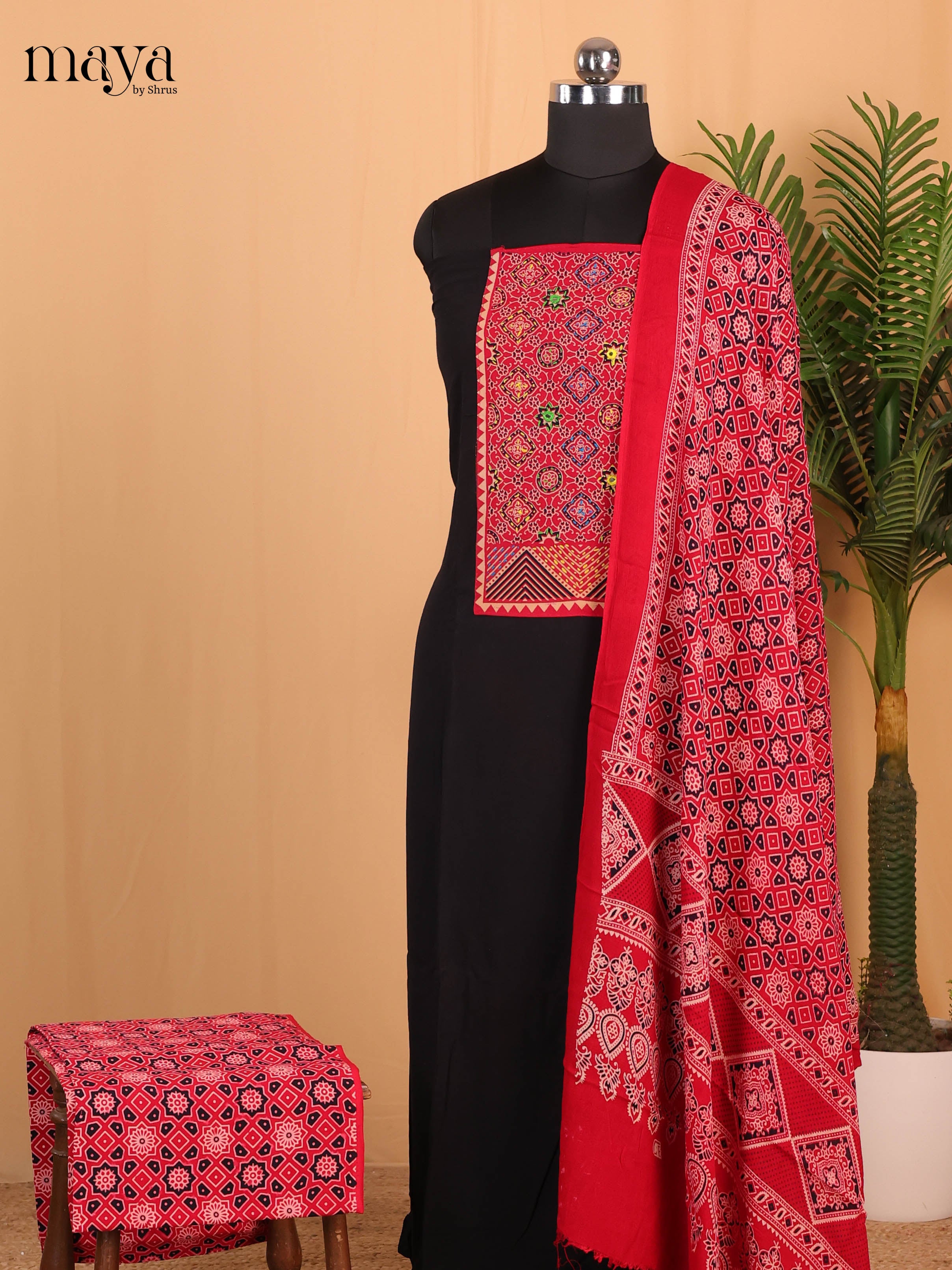 Black & Red- Ajrakh Salwar suit Top Bottom & Dupatta - CJS07075 - Shop on Shrus.com