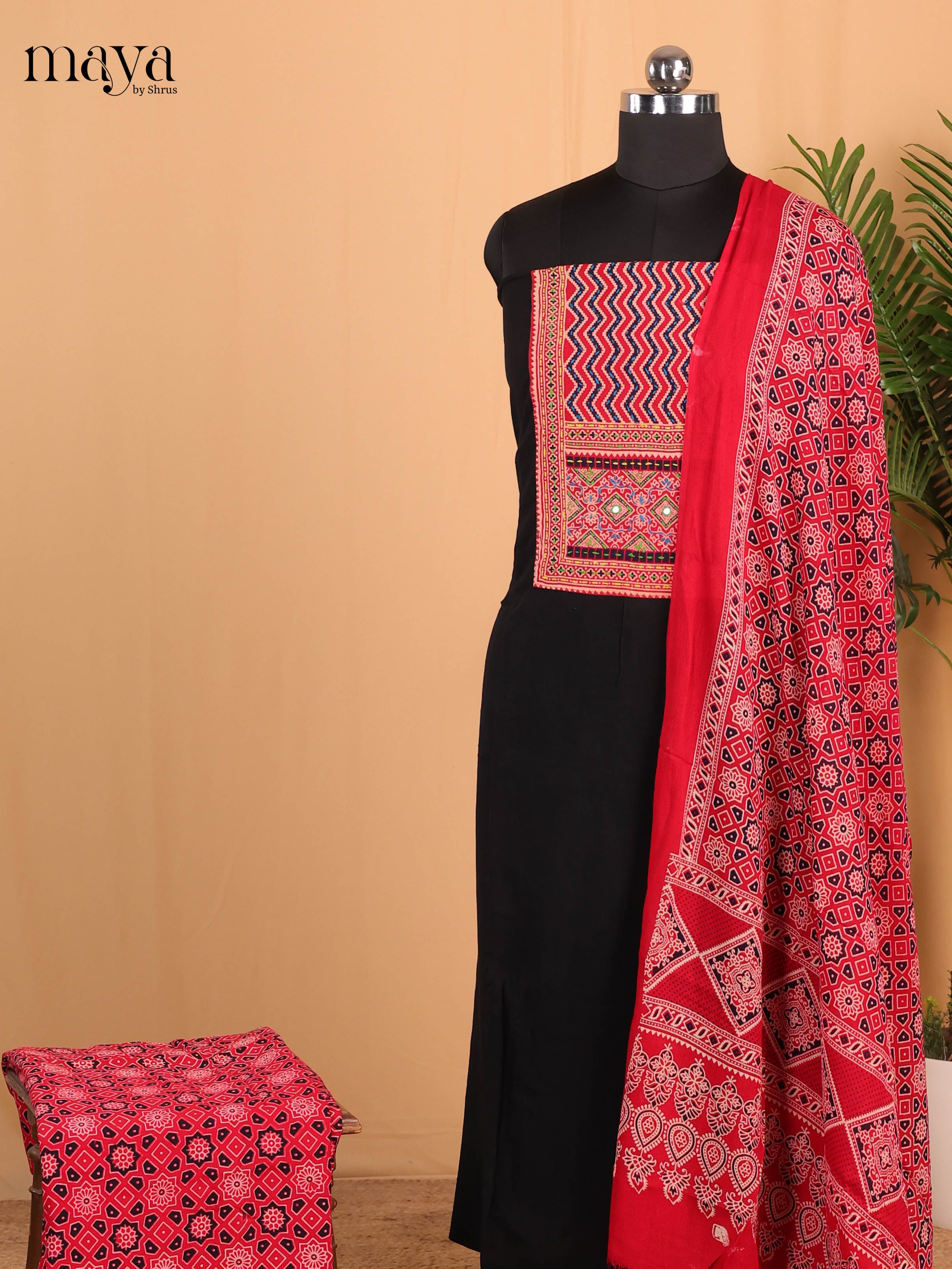 Black & Red- Ajrakh Salwar suit Top Bottom & Dupatta - CJS07080 - Shop on Shrus.com