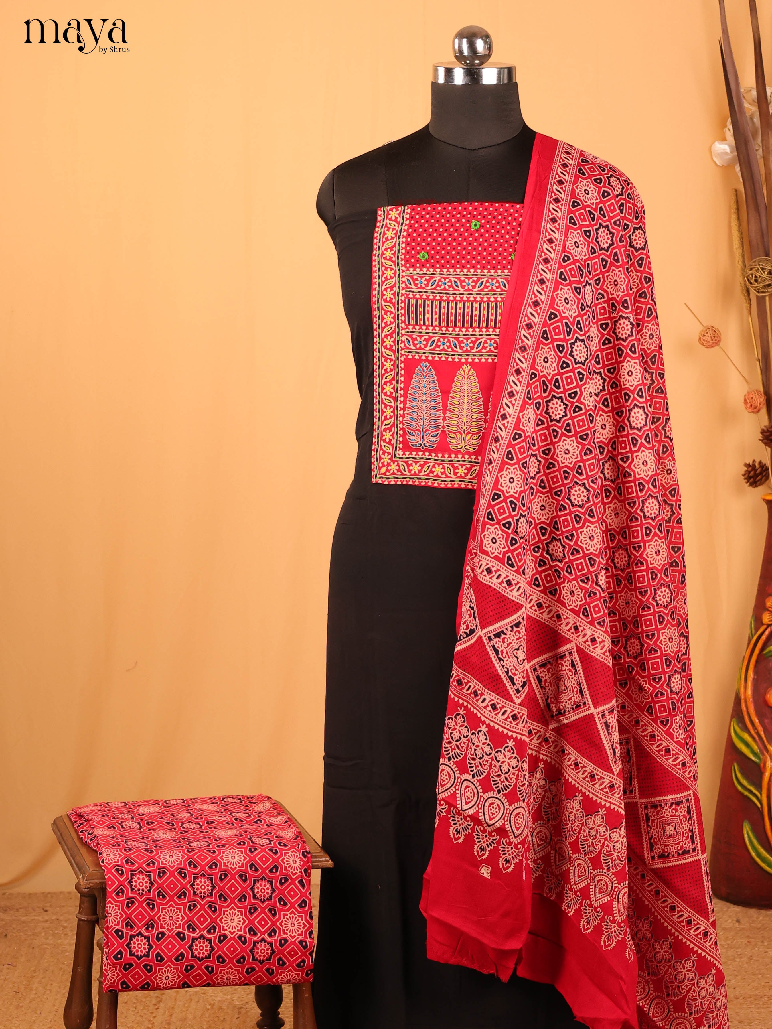 Black & Red- Ajrakh Salwar Unstitched Top, Bottom & Dupatta - CJS07105 - Shop on Shrus.com
