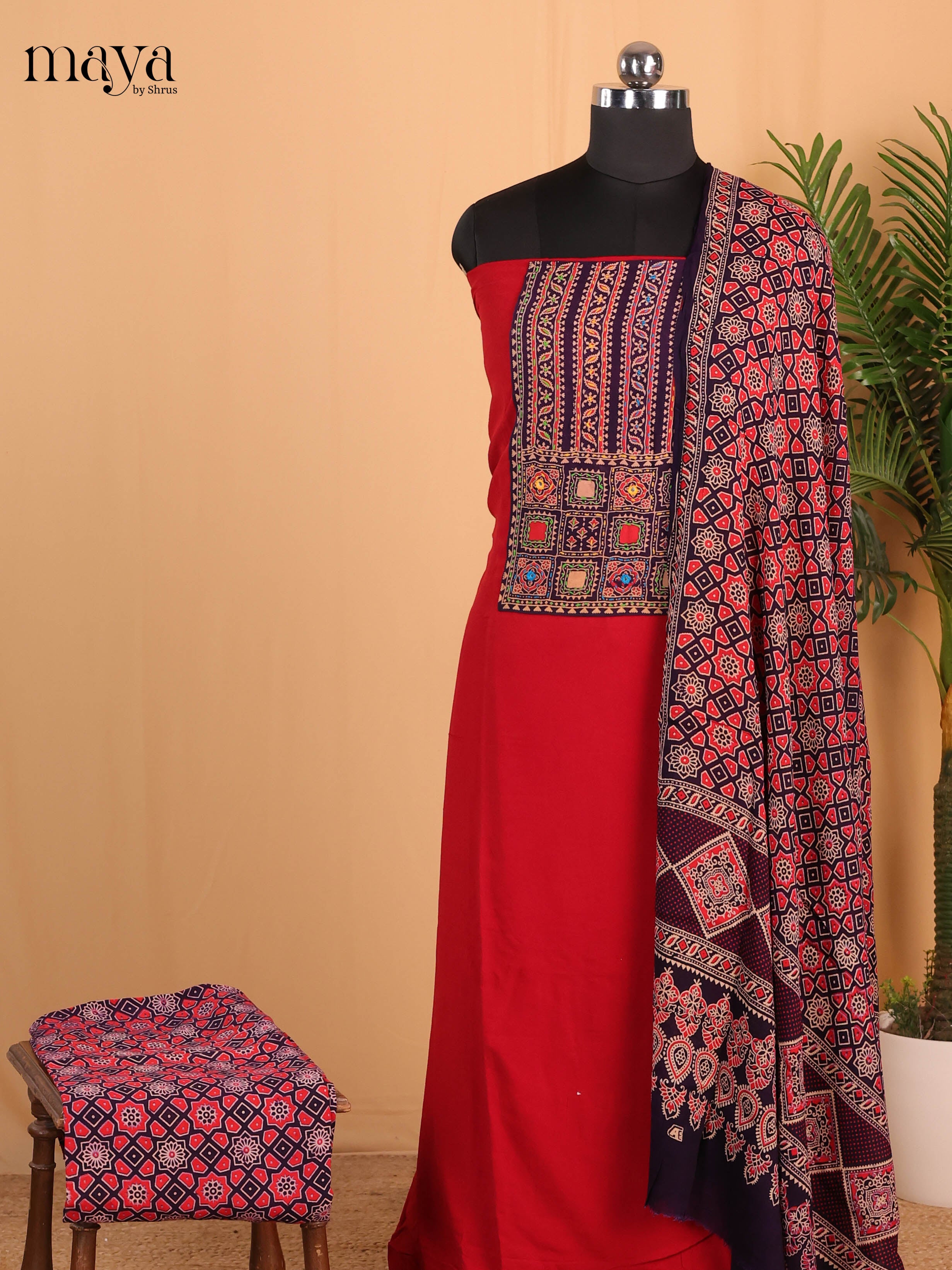Black & Red- Ajrakh Salwar suit Top Bottom & Dupatta - CJS07116 - Shop on Shrus.com