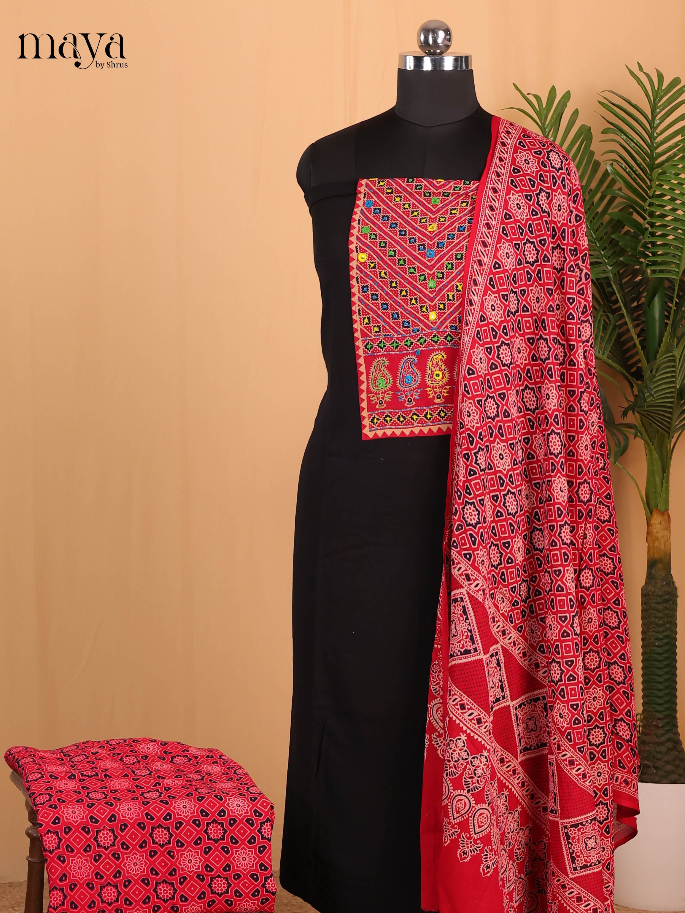 Black & Red- Ajrakh Salwar suit Top Bottom & Dupatta - CJS07126 - Shop on Shrus.com