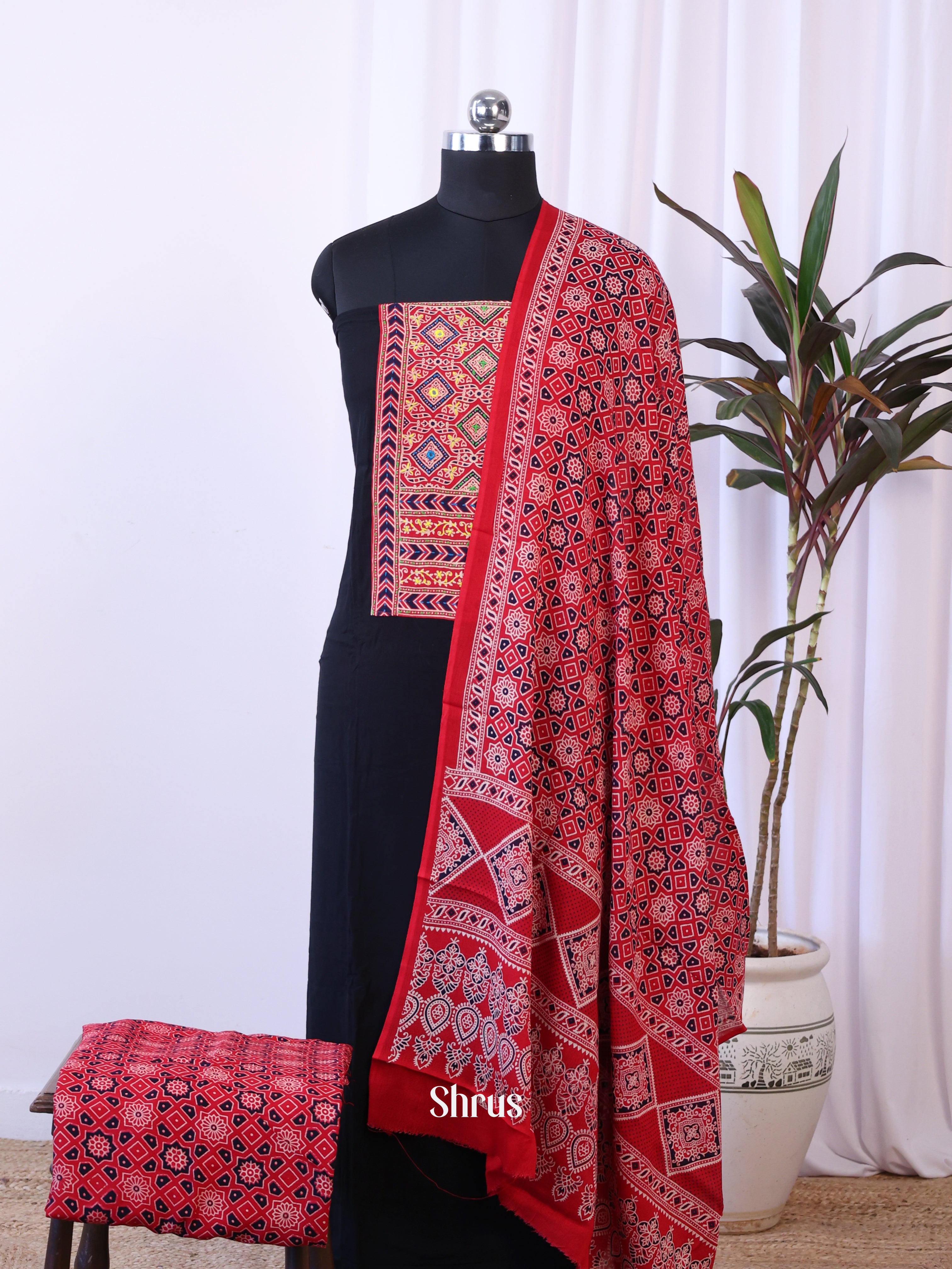 Black & Red- Ajrakh Salwar suit Top Bottom & Dupatta - CJS07146 - Shop on Shrus.com