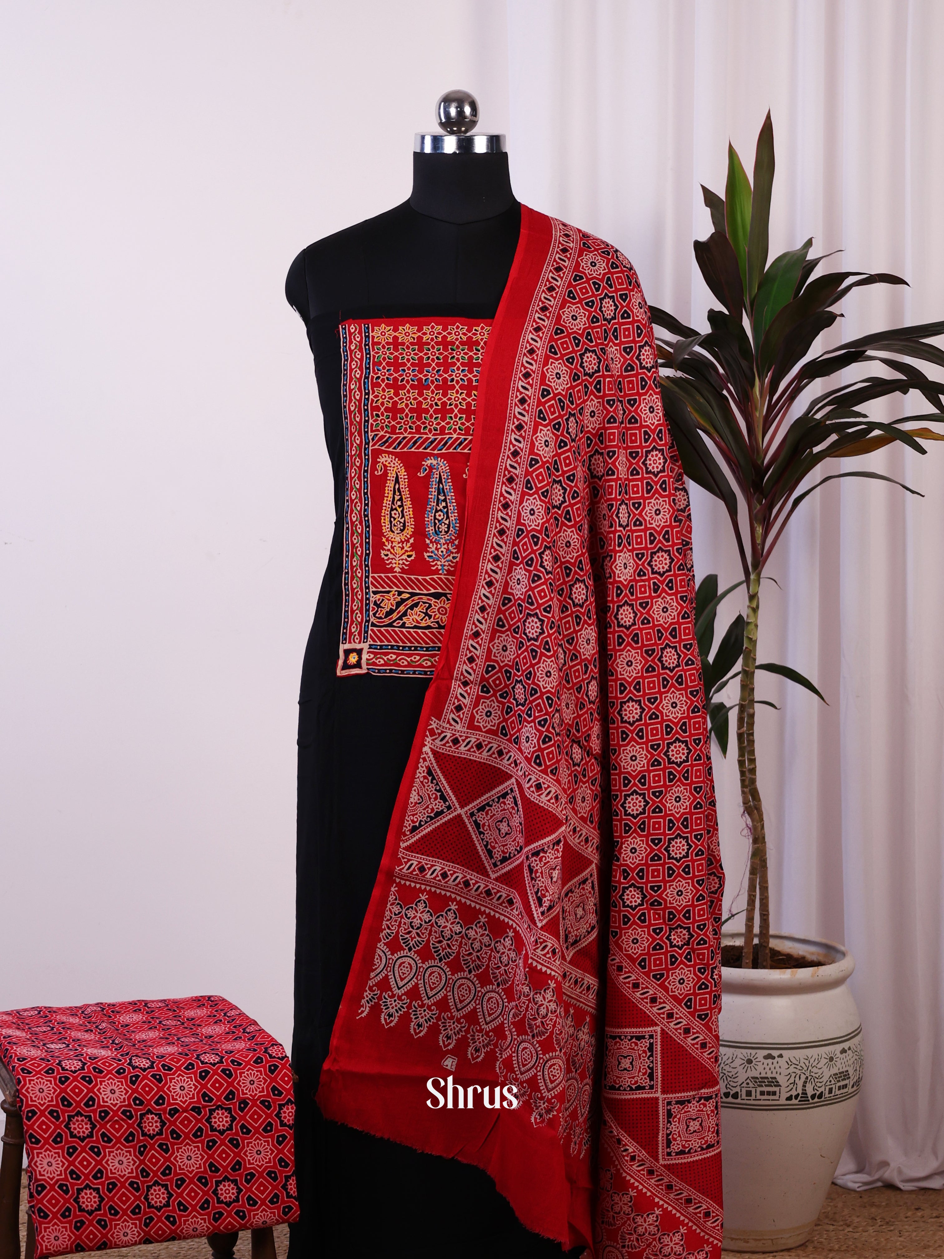 Black & Red- Ajrakh Salwar suit Top Bottom & Dupatta - CJS07147 - Shop on Shrus.com