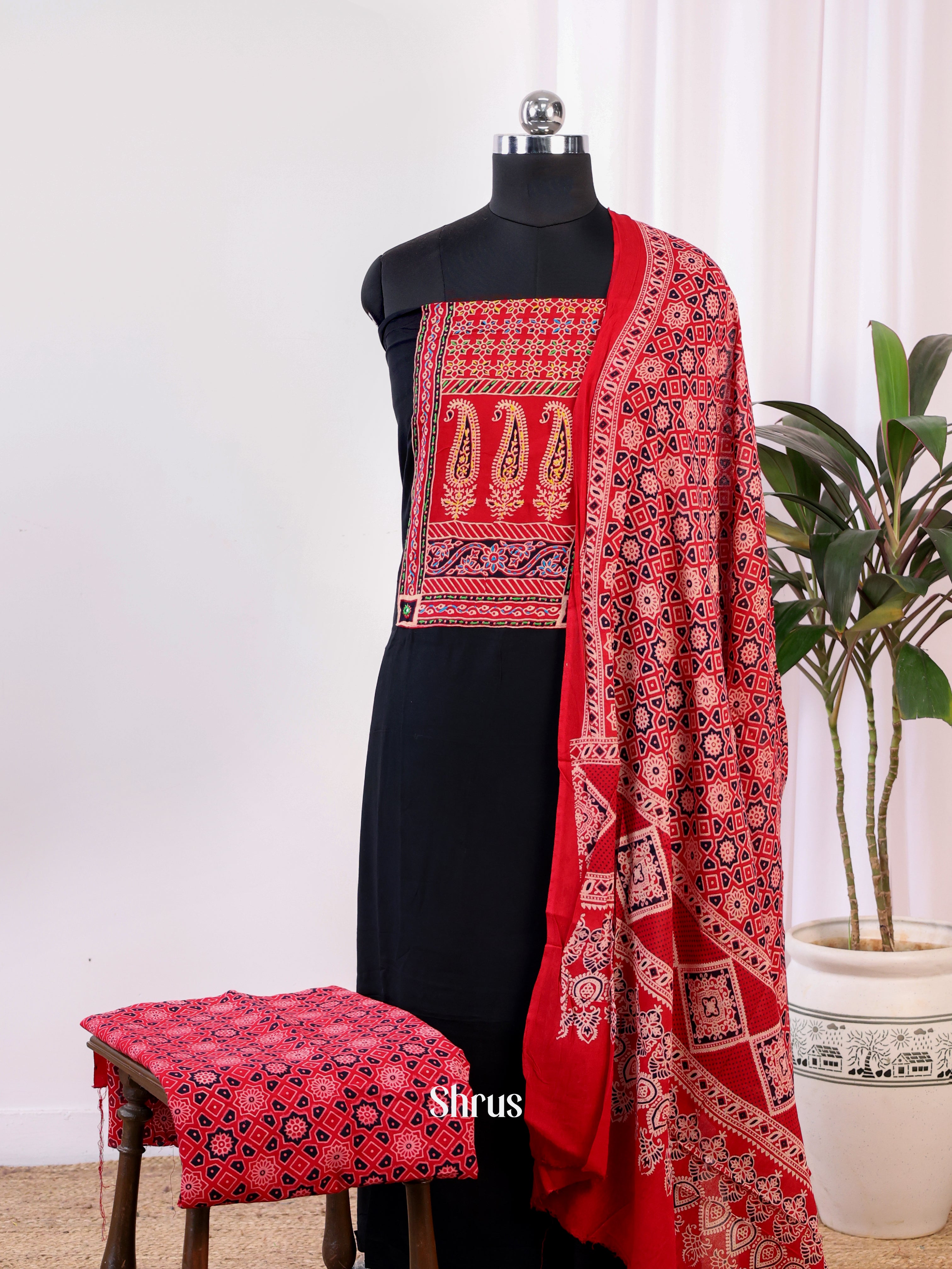 Black & Red- Ajrakh Salwar suit Top Bottom & Dupatta - CJS07148 - Shop on Shrus.com