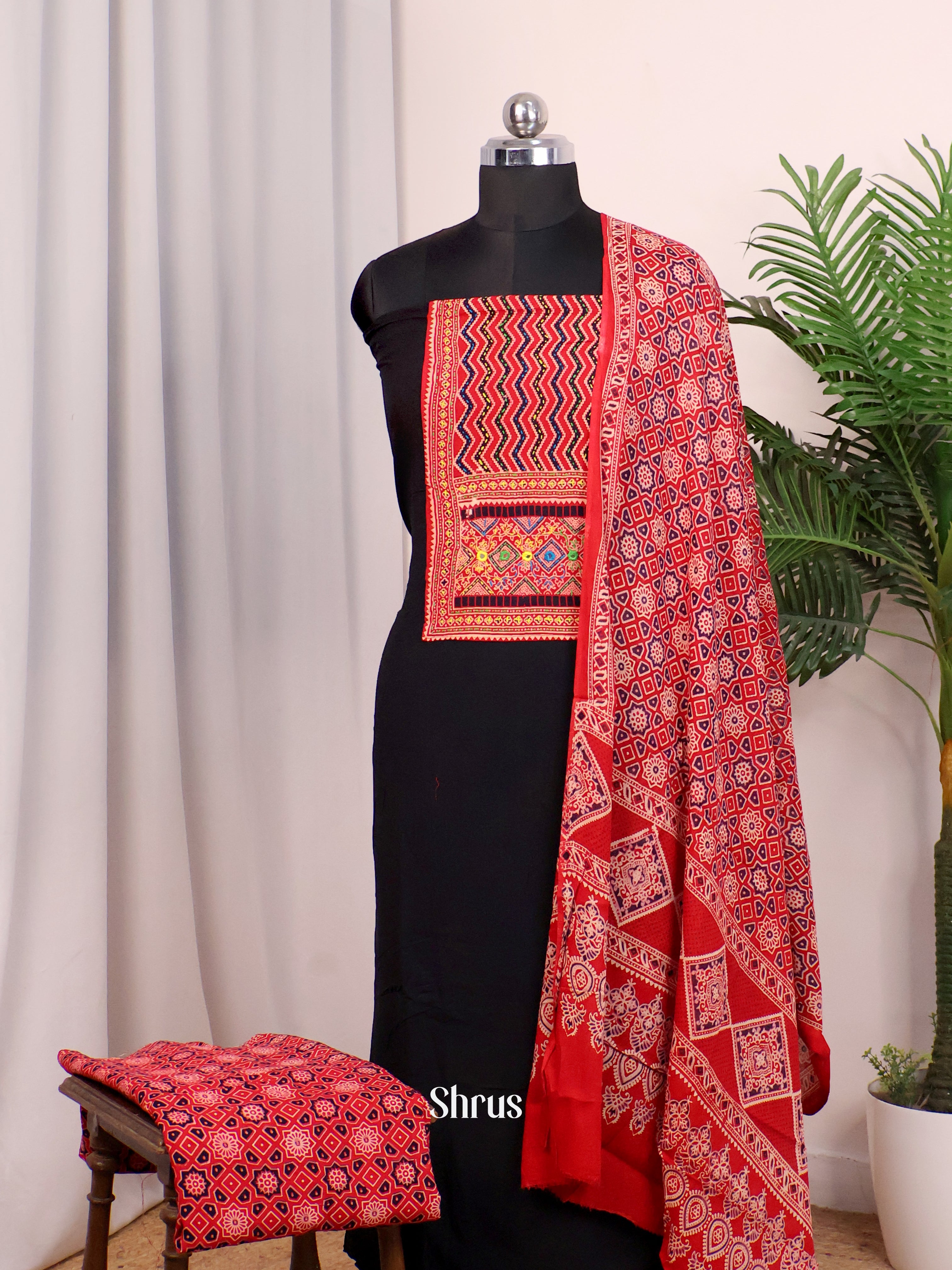 Black & Red- Ajrakh Salwar suit Top Bottom & Dupatta - CJS07152 - Shop on Shrus.com