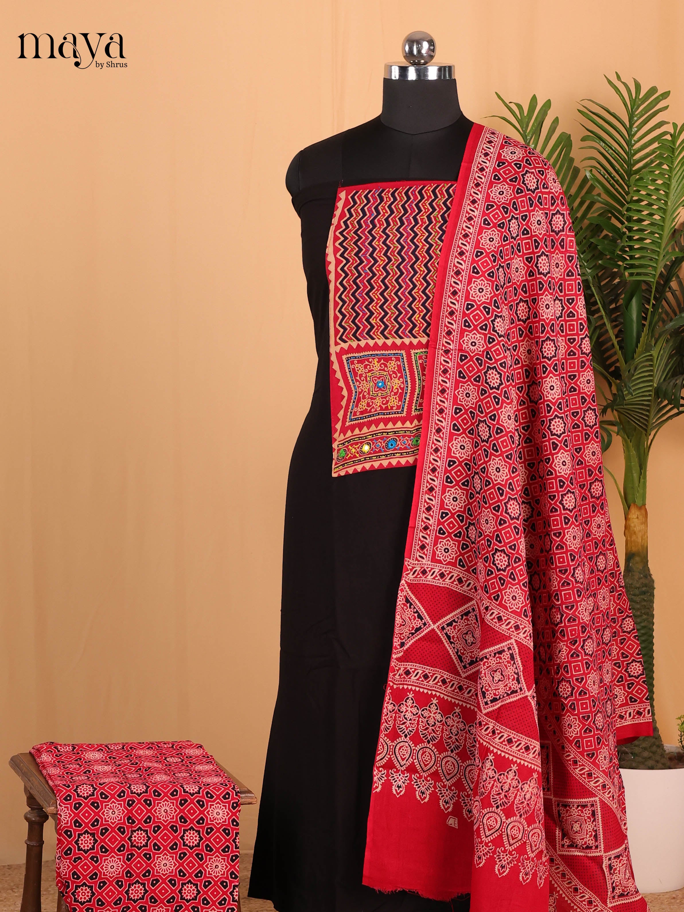 Black & Red- Ajrakh Salwar suit Top Bottom & Dupatta - CJS07156 - Shop on Shrus.com