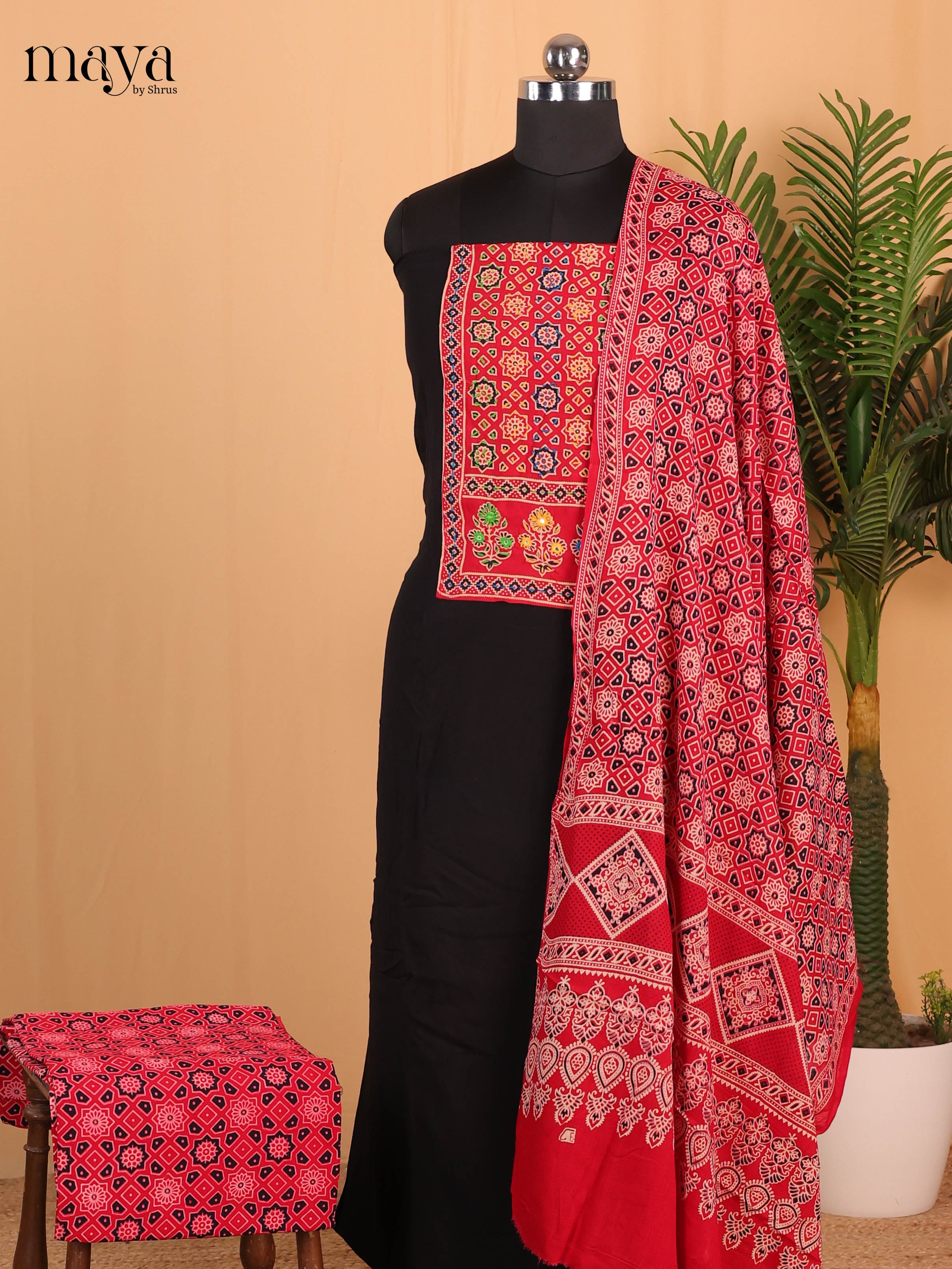 Black & Red- Ajrakh Salwar suit Top Bottom & Dupatta - CJS07159 - Shop on Shrus.com
