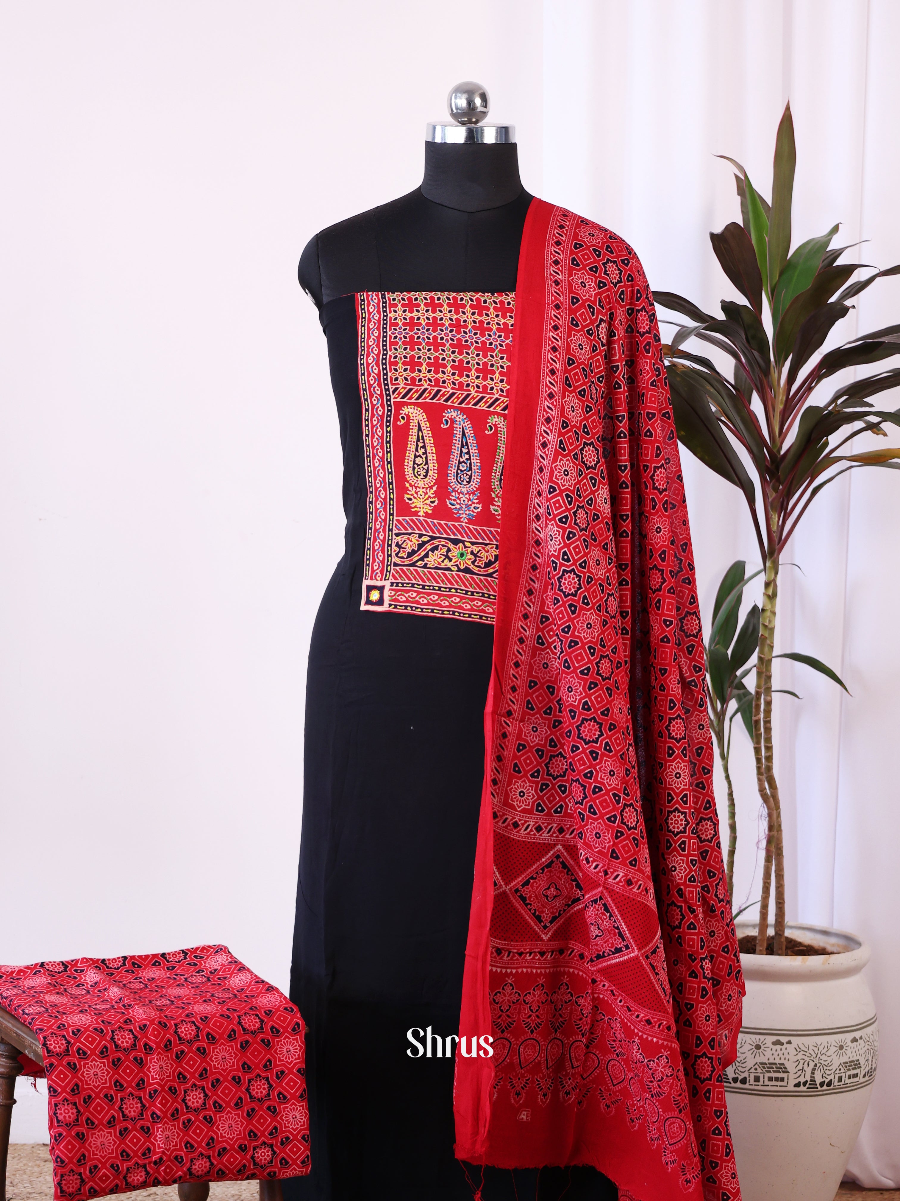 Black & Red- Ajrakh Salwar suit Top Bottom & Dupatta - CJS07175 - Shop on Shrus.com