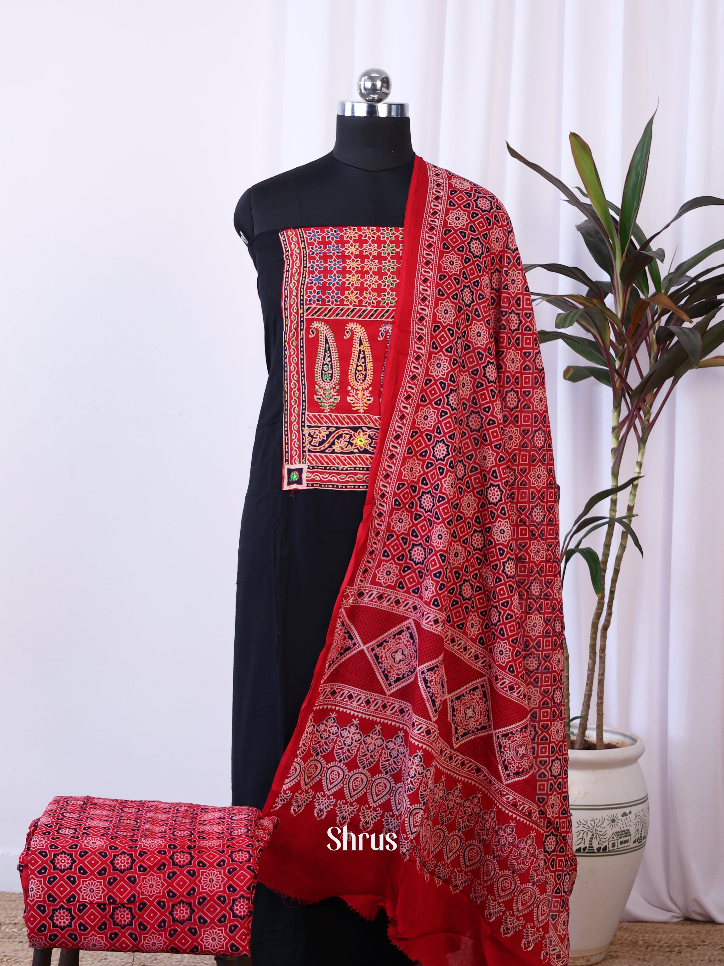 Black & Red- Ajrakh Salwar suit Top Bottom & Dupatta - CJS07206 - Shop on Shrus.com