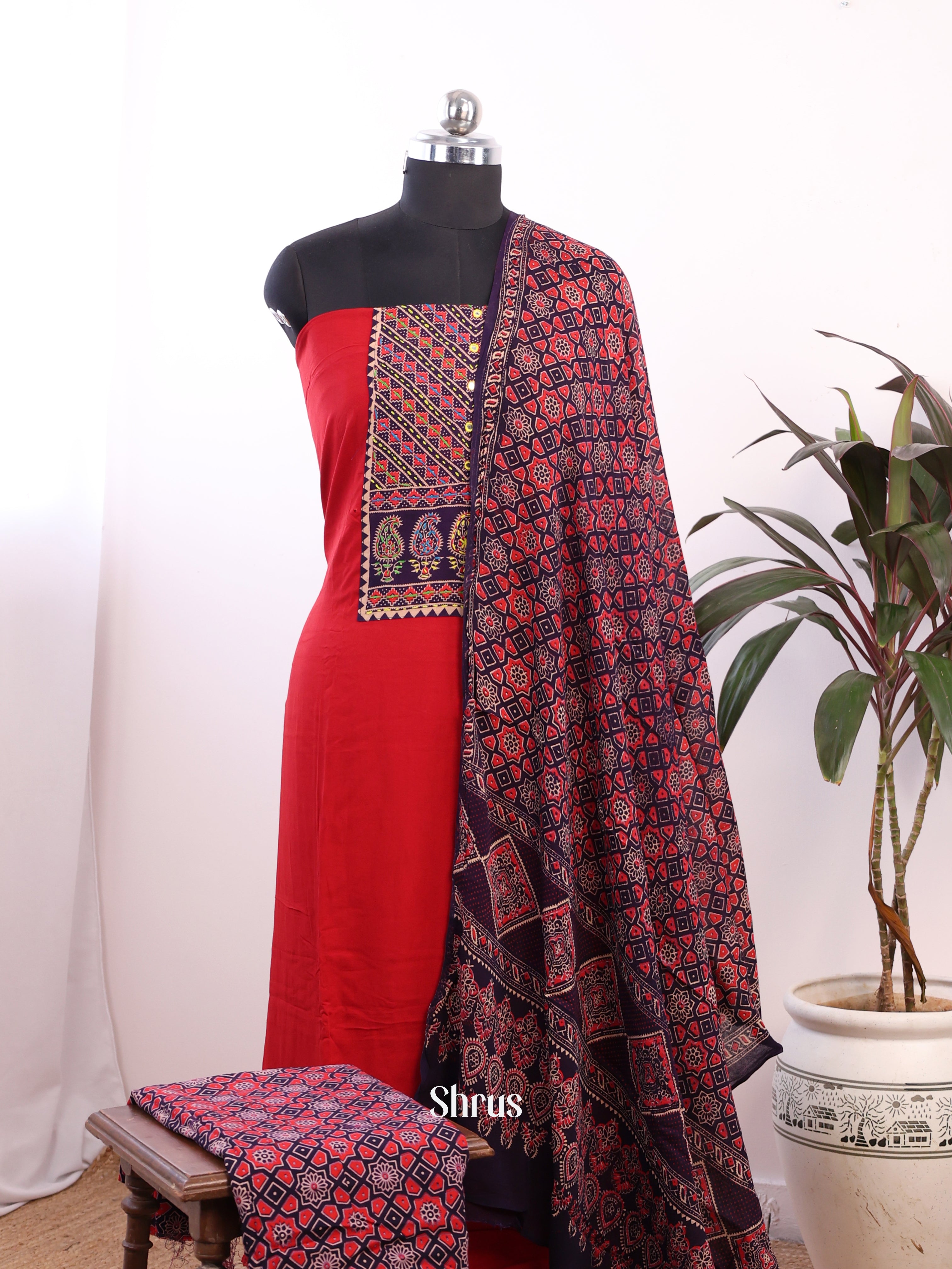 Black & Red- Ajrakh Salwar suit Top Bottom & Dupatta - CJS07218 - Shop on Shrus.com