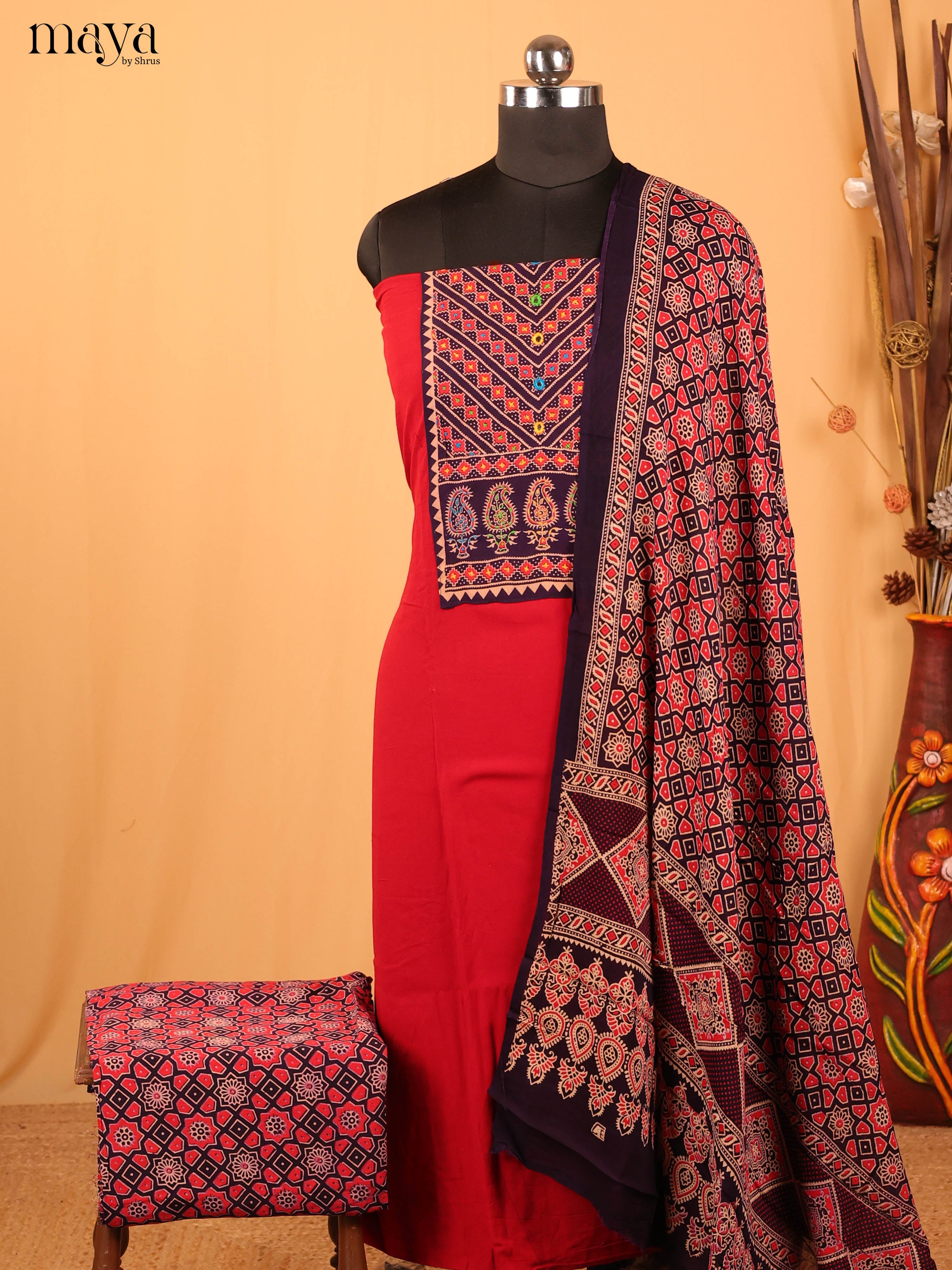 Black & Red Ajrakh Salwar Unstitched Top, Bottom & Dupatta -CJS07219 - Shop on Shrus.com
