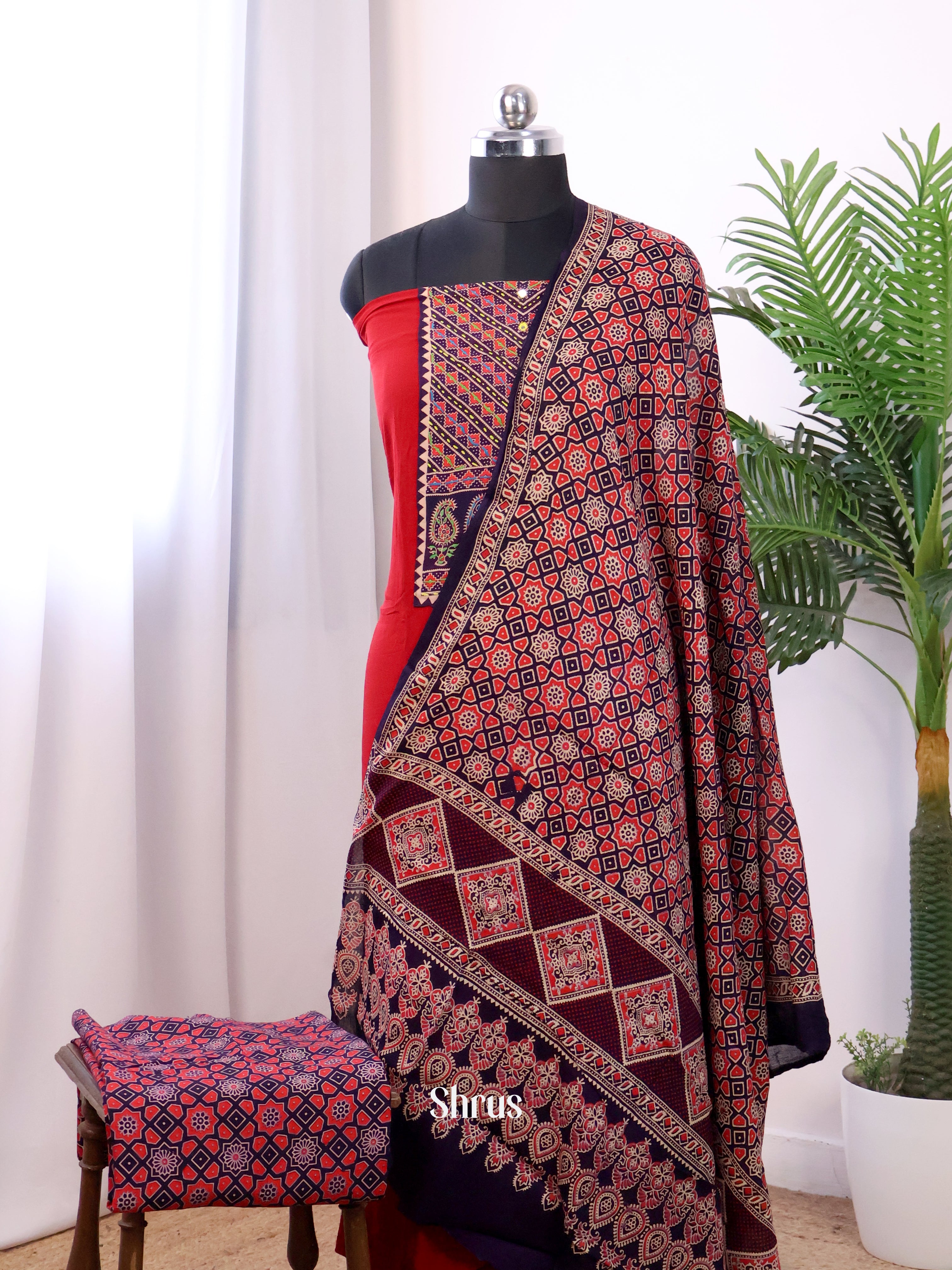 Black & Red- Ajrakh Salwar suit Top Bottom & Dupatta - CJS07224 - Shop on Shrus.com
