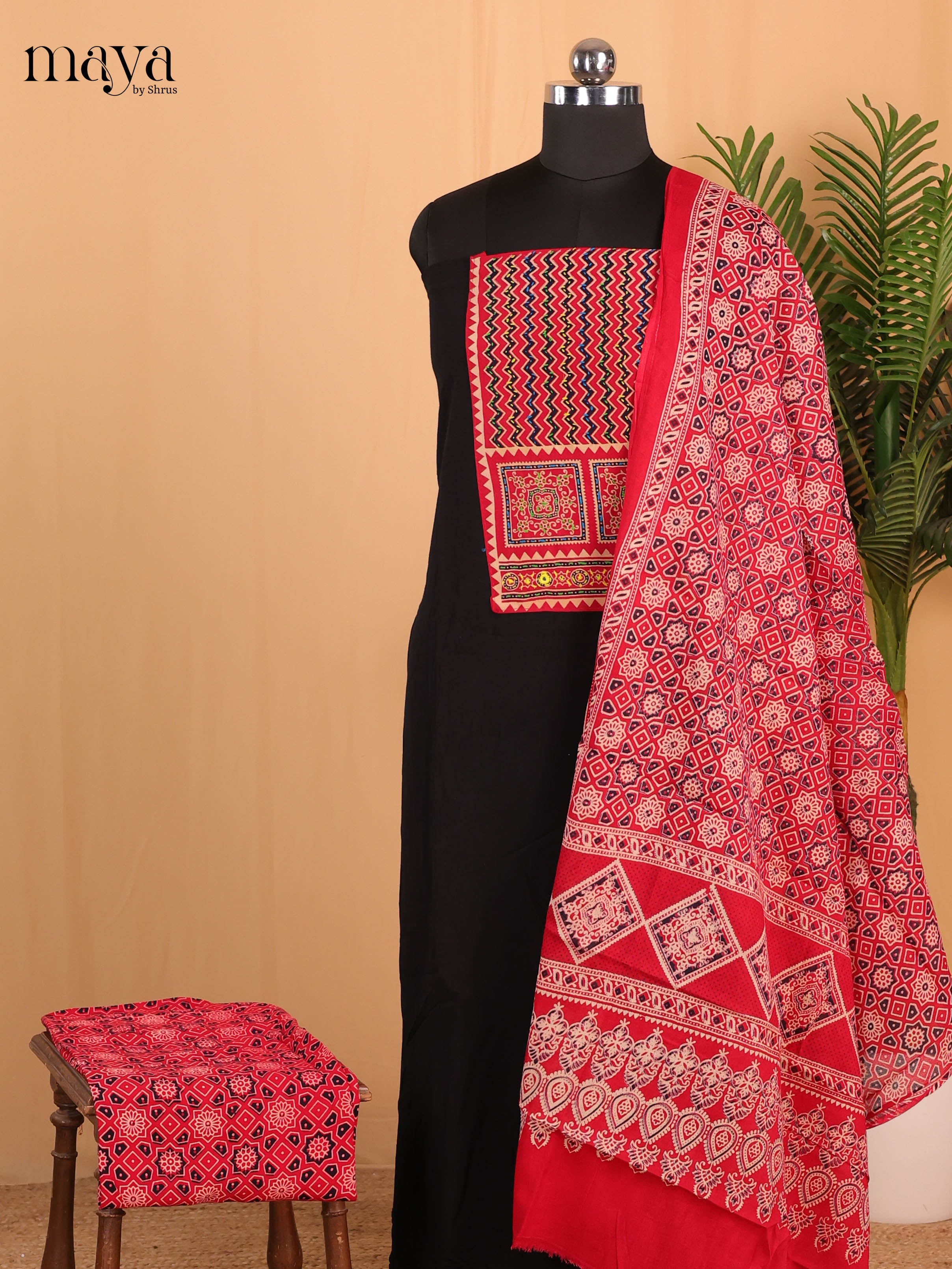 Black & Red- Ajrakh Salwar suit Top Bottom & Dupatta - CJS07234 - Shop on Shrus.com