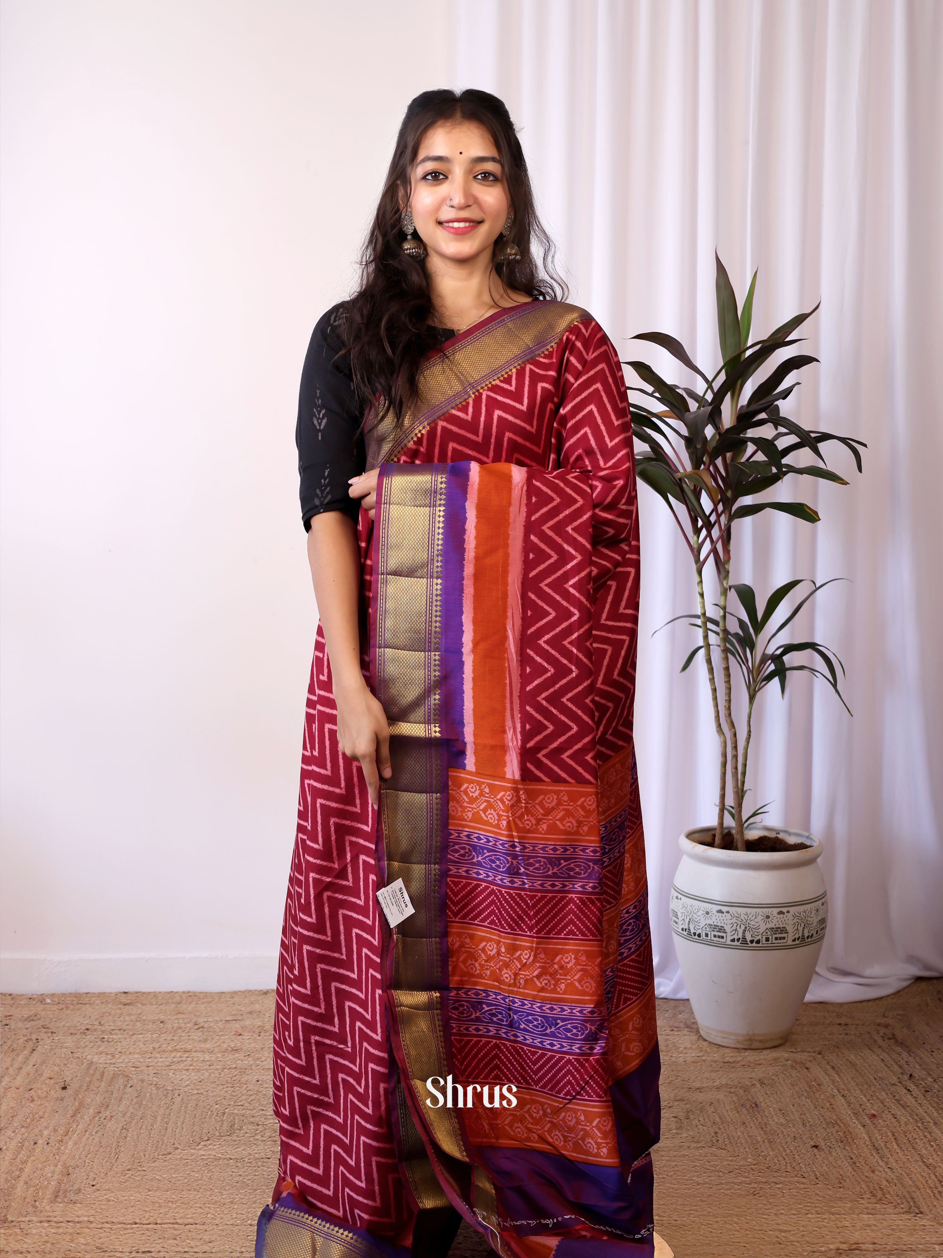 Maroon & Purple- Semi patola saree - Shop on Shrus.com