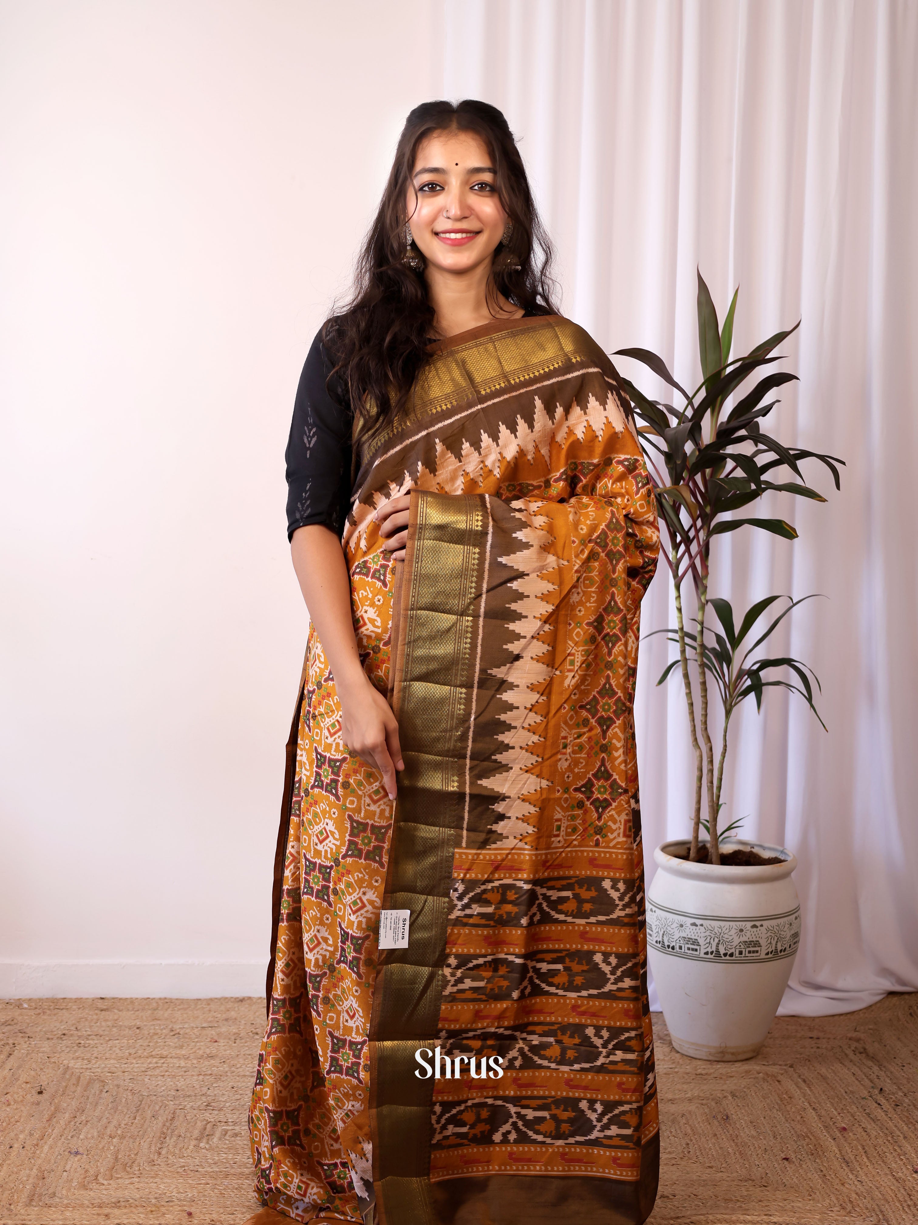 Mustard & Army Green- Semi patola saree - Shop on Shrus.com