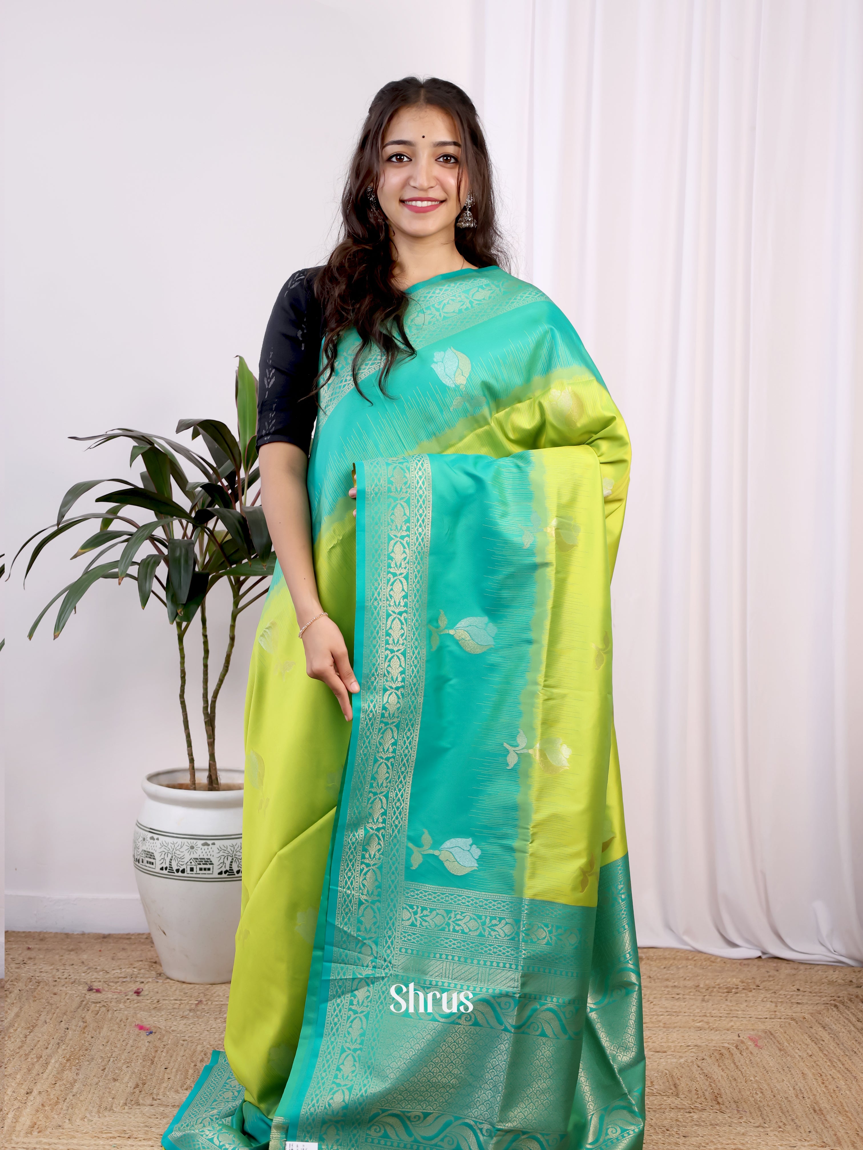 Lite Green & Green - Semi Softsilk Saree - Shop on Shrus.com