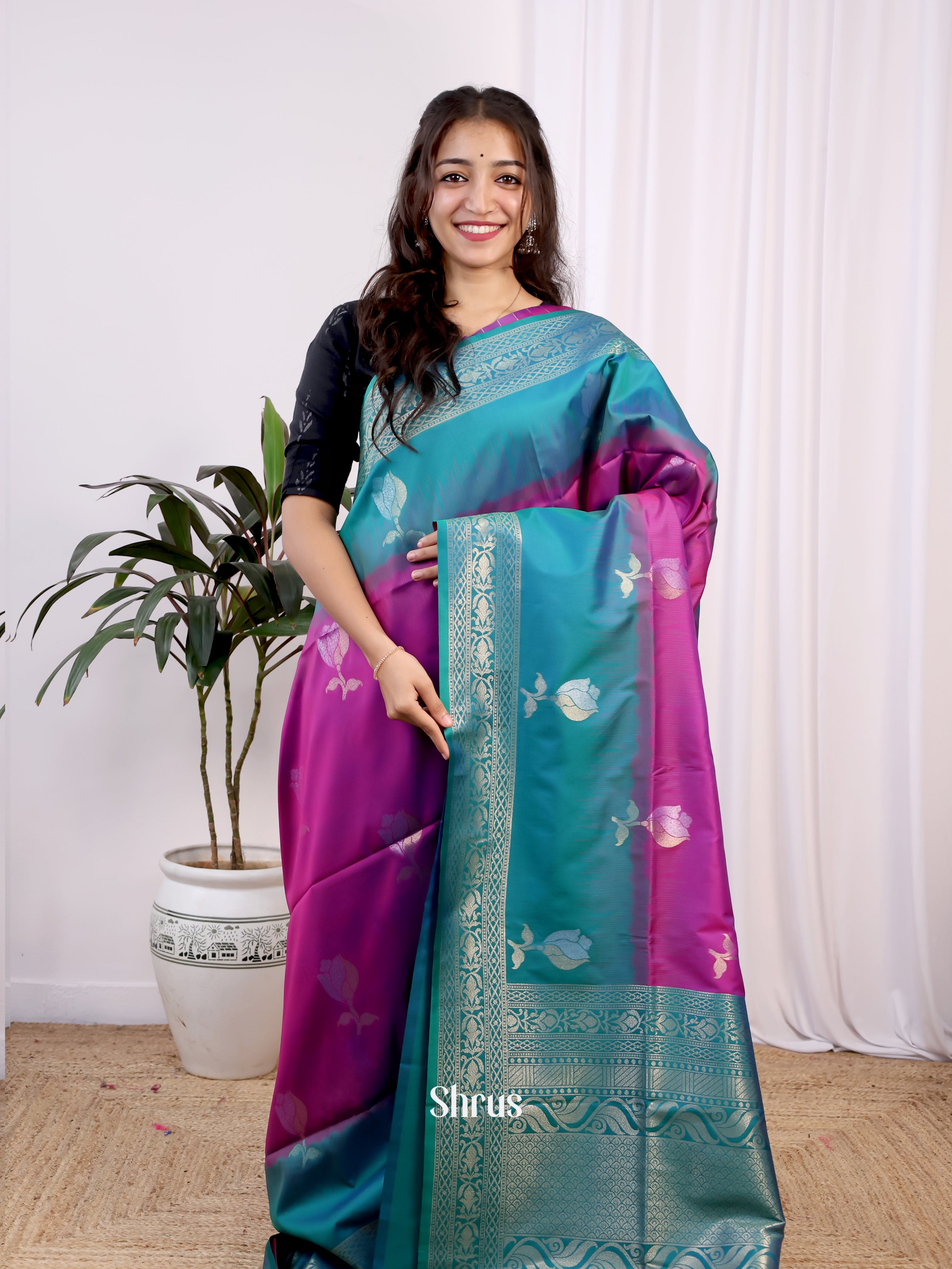 Majenta & Teal - Semi Softsilk Saree - Shop on Shrus.com