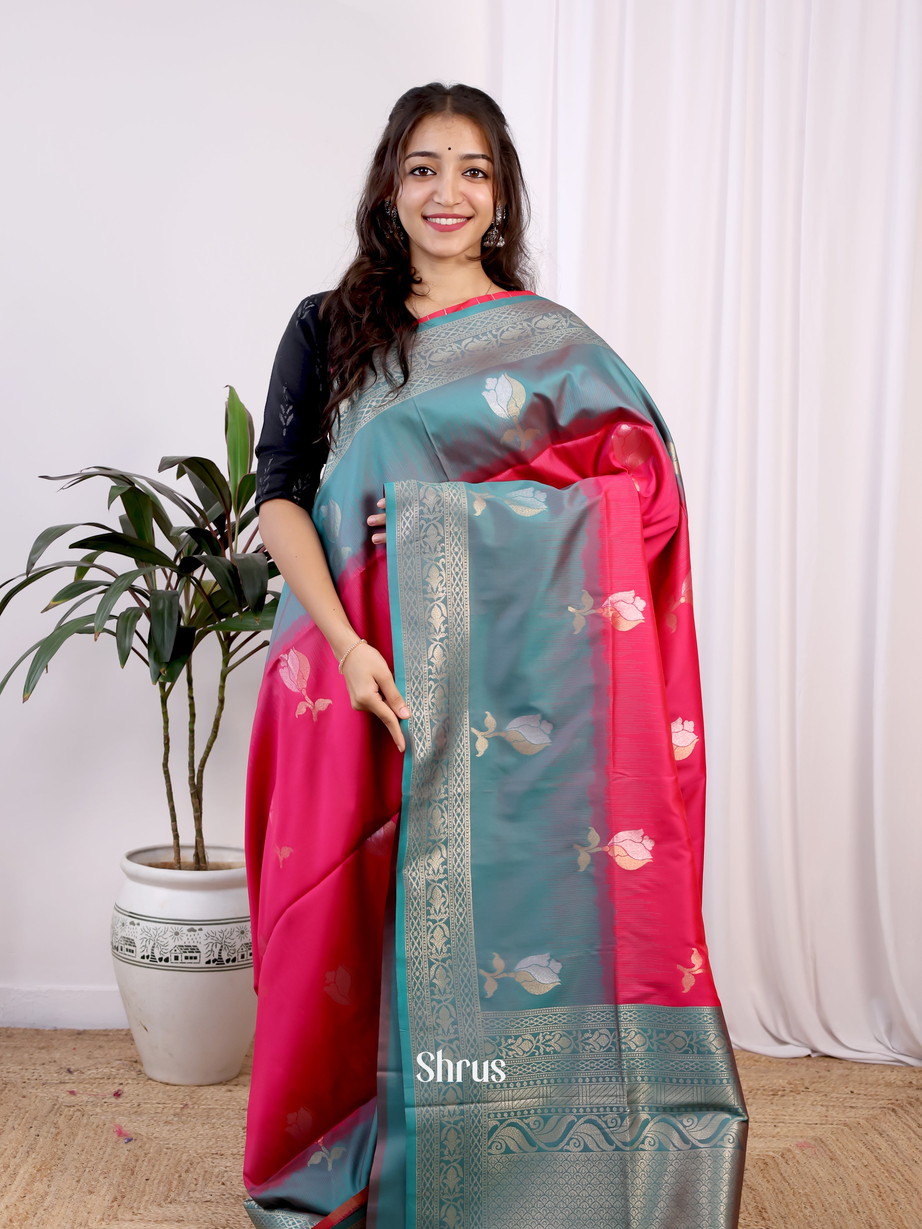 Red & Green - Semi Softsilk Saree - Shop on Shrus.com