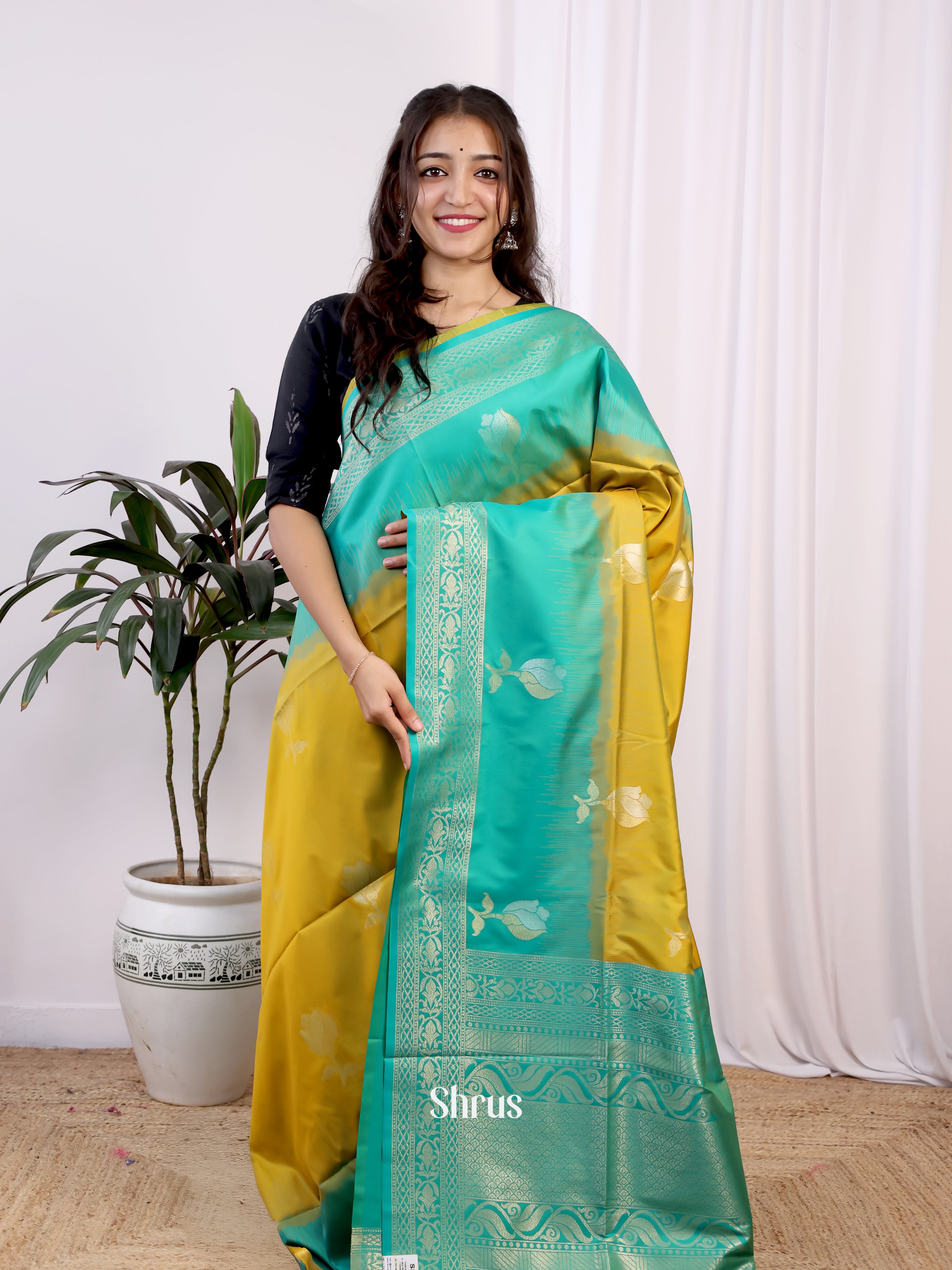 Mustardy Green & Green - Semi Softsilk Saree - Shop on Shrus.com