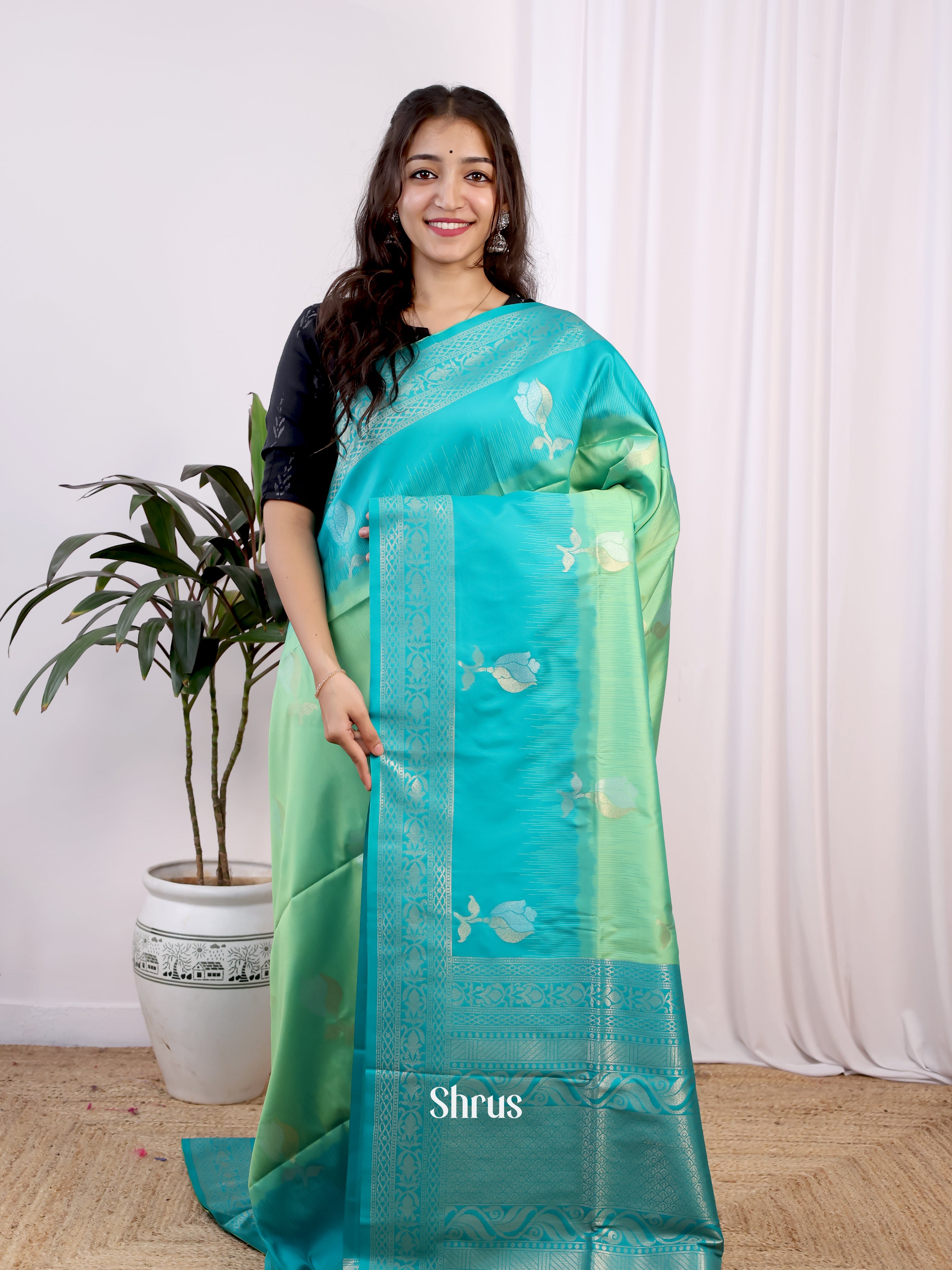 Lite Green & Teal- Semi Softsilk Saree - Shop on Shrus.com