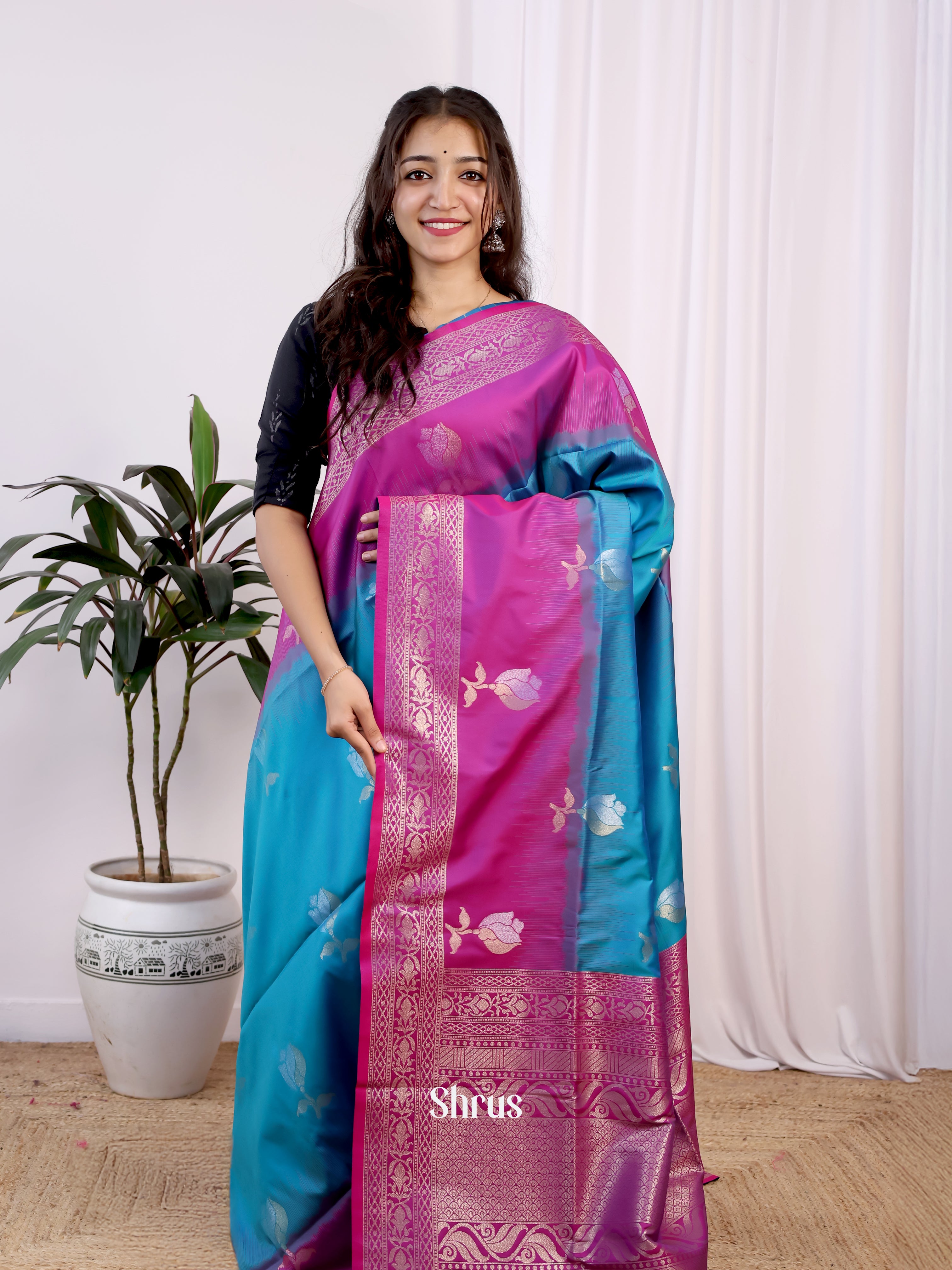 Blue & Purple- Semi Softsilk Saree - Shop on Shrus.com