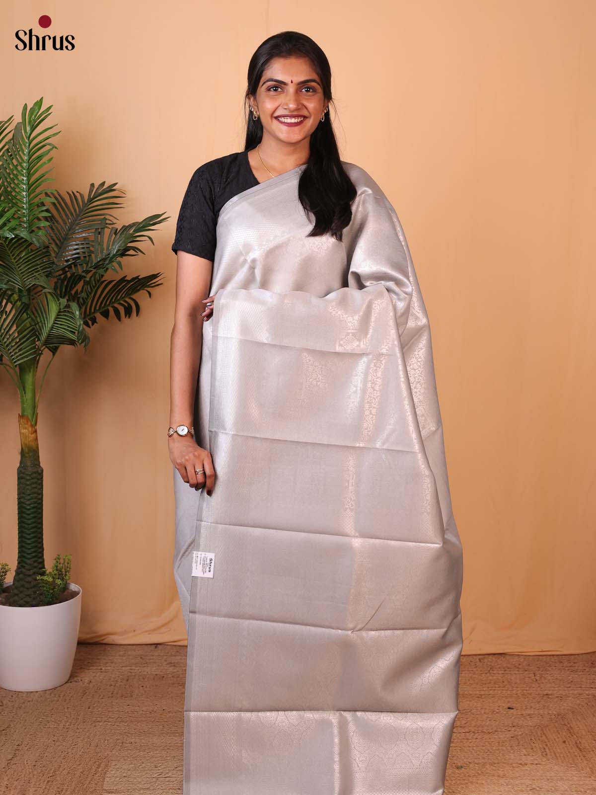 Silver - Semi Softsilk Saree - Shop on Shrus.com