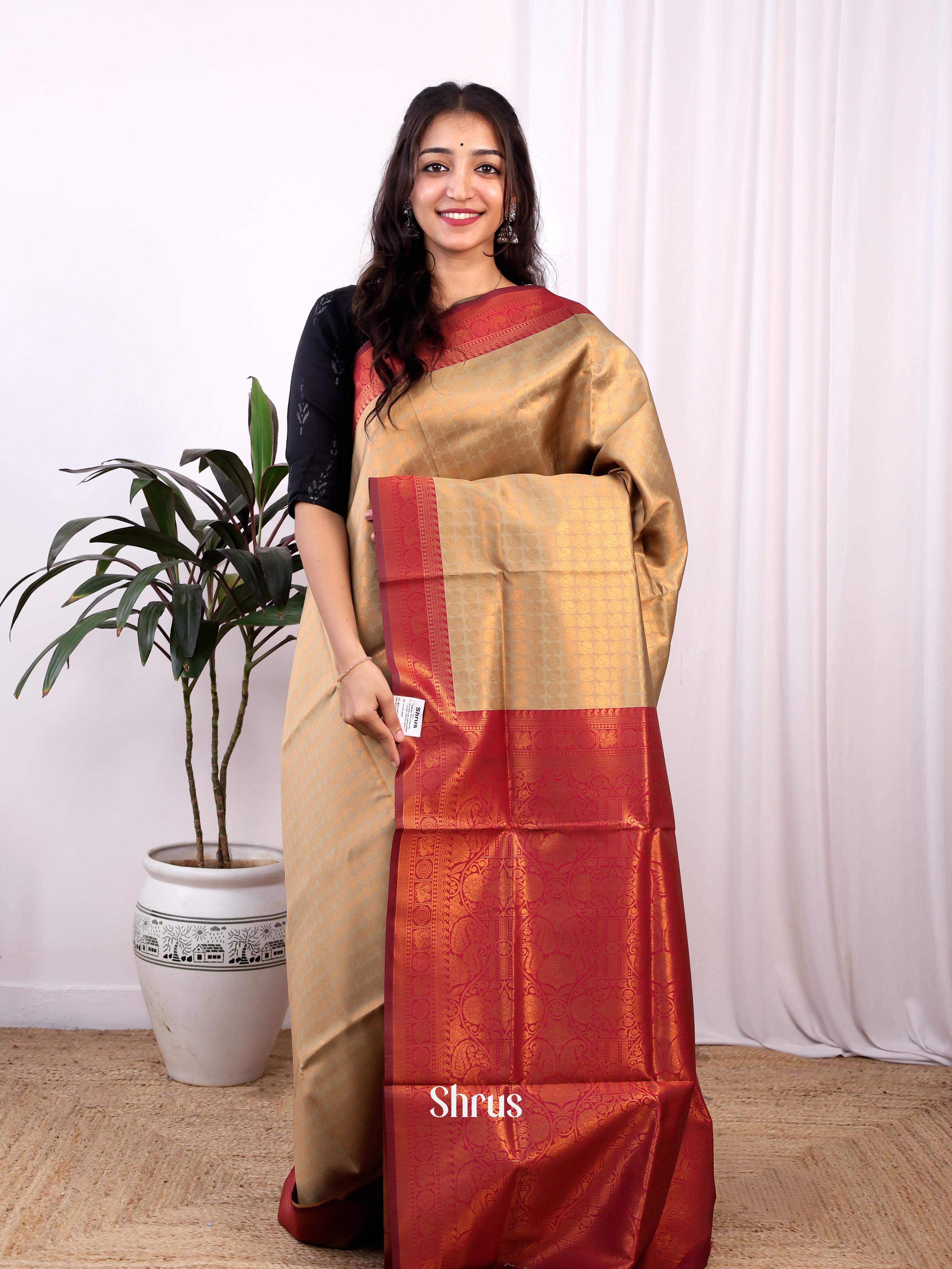 Golden & Red -Semi Kanchipuram Saree - Shop on Shrus.com