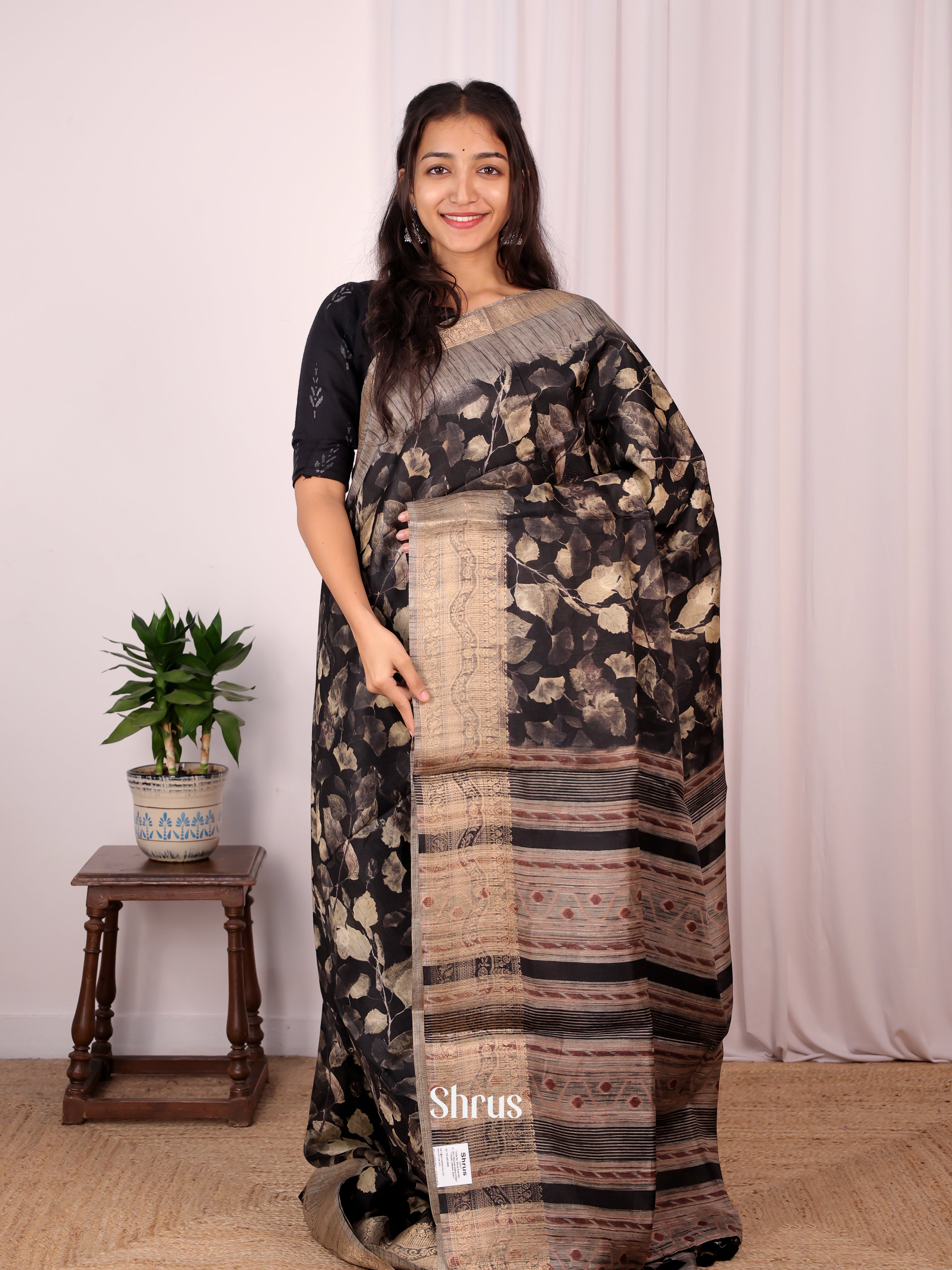 Black & Grey - Semi Dupion Saree - Shop on Shrus.com