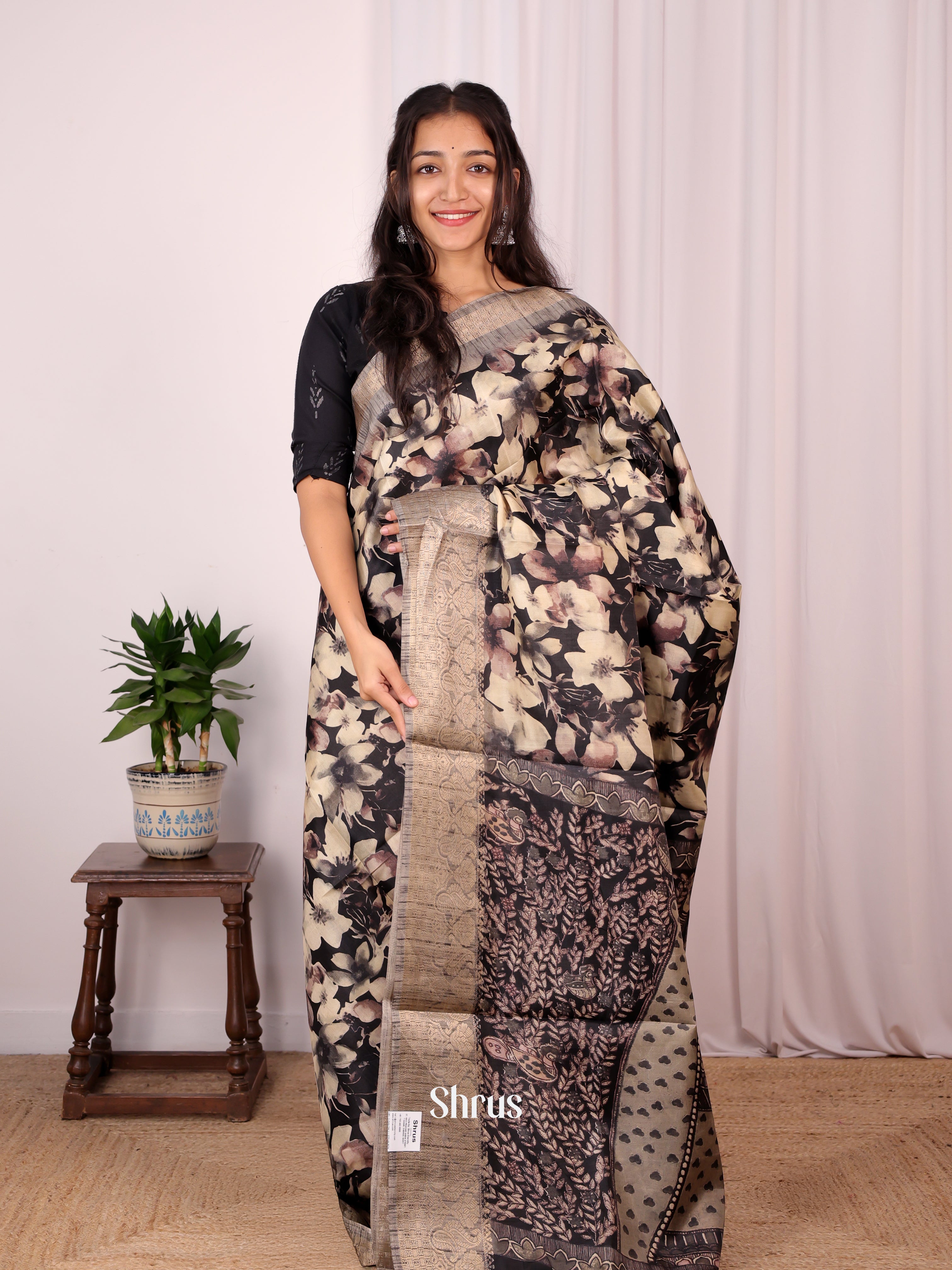 Black & Grey - Semi Dupion Saree - Shop on Shrus.com