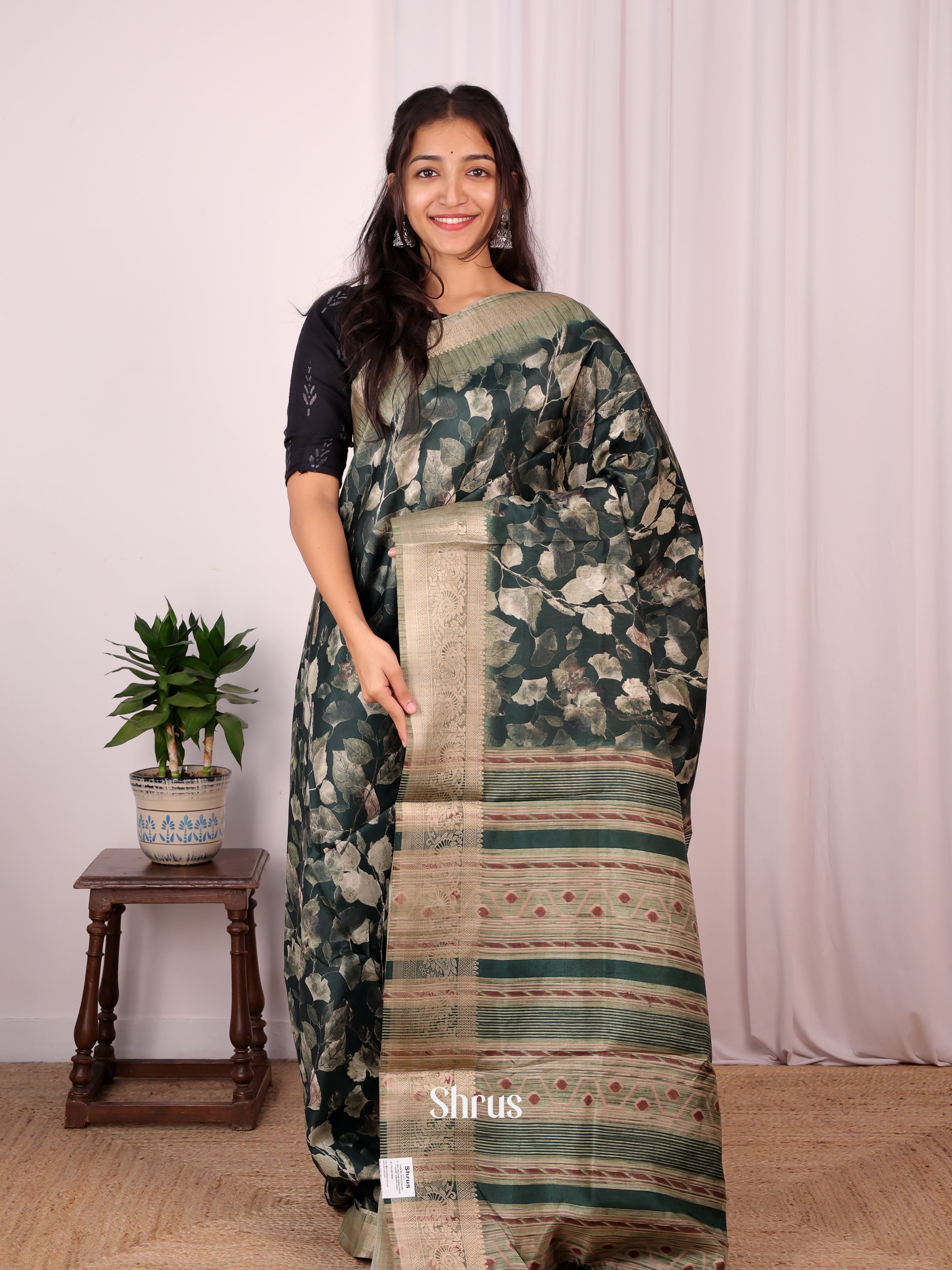 Green & Lite Green - Semi Dupion Saree - Shop on Shrus.com