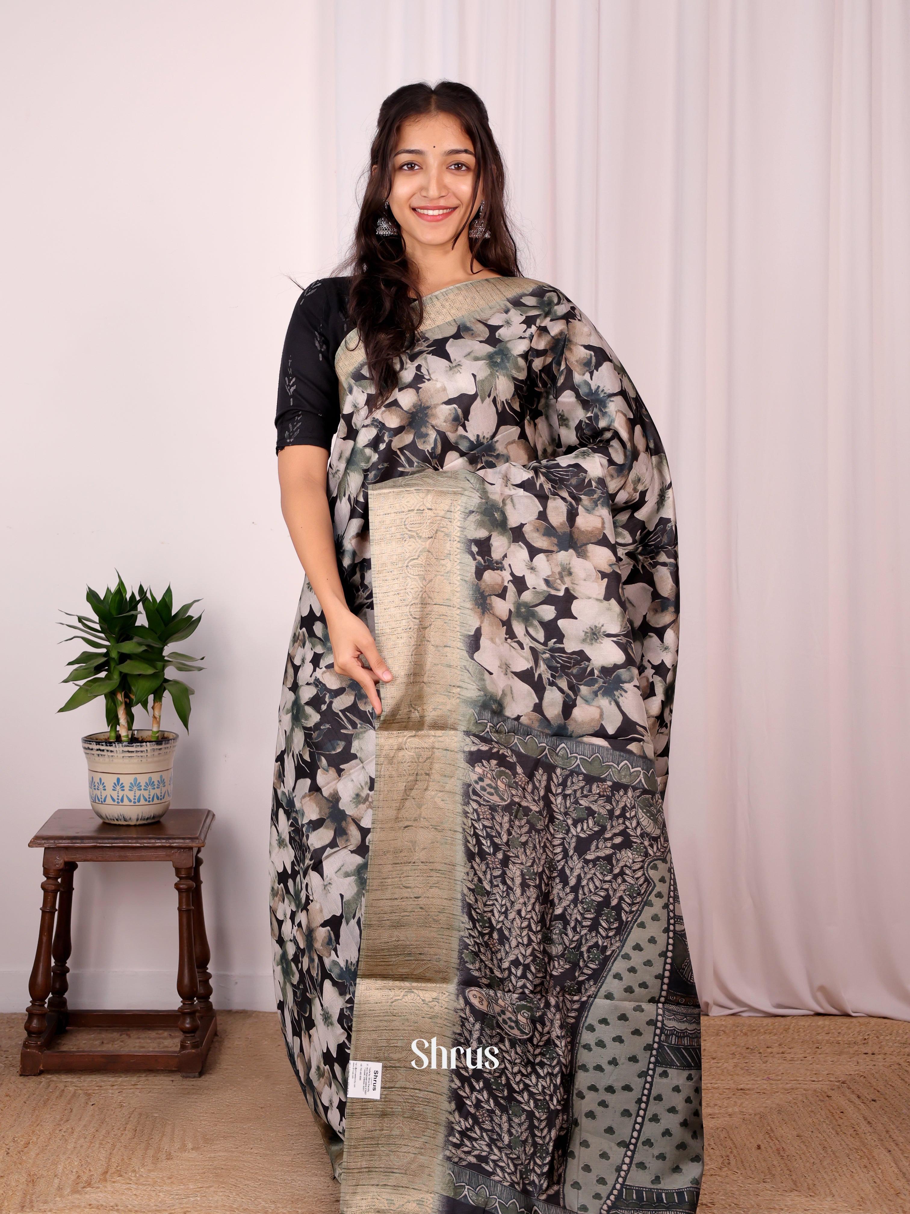 Black & Grey - Semi Dupion Saree - Shop on Shrus.com