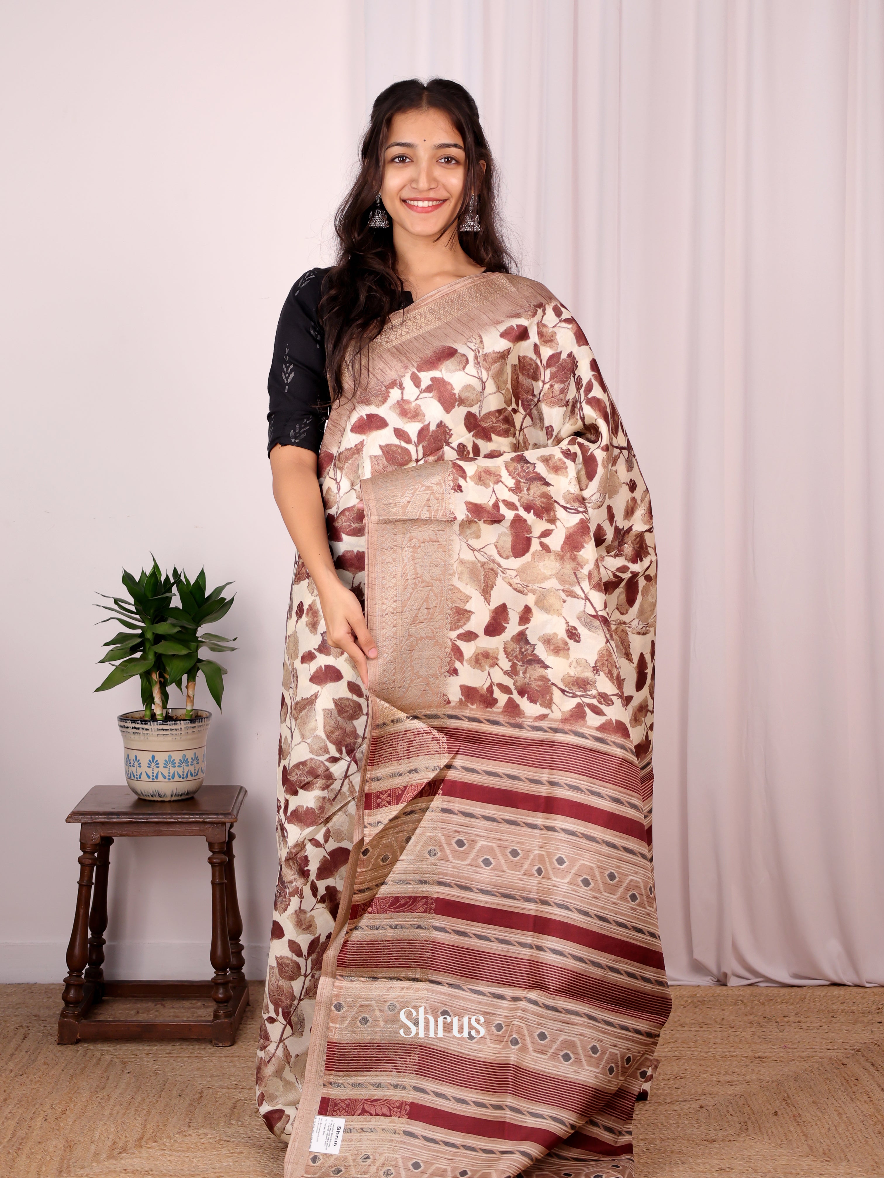 Cream & Brown - Semi Dupion Saree - Shop on Shrus.com