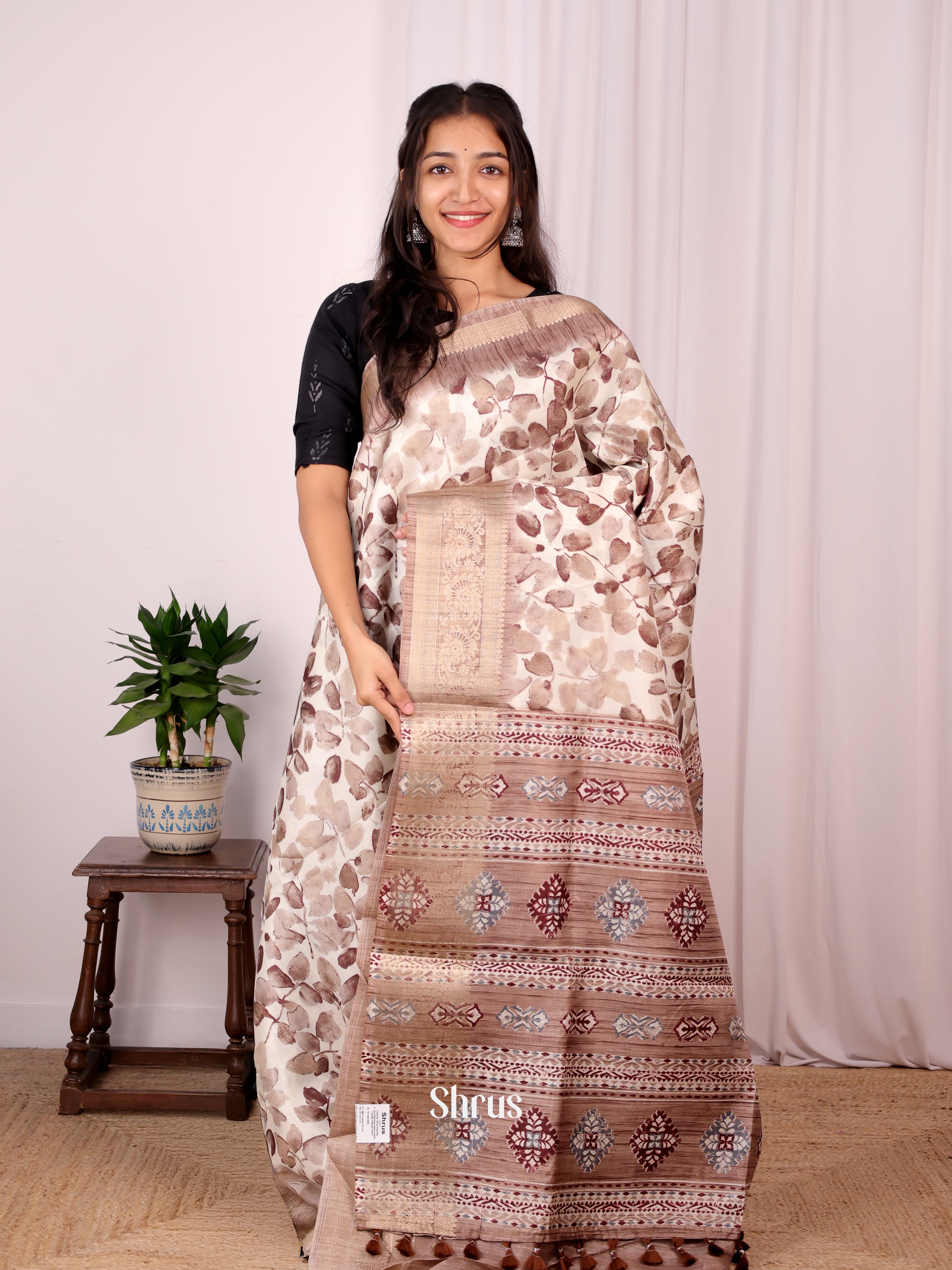 Cream & Brown - Semi Dupion Saree - Shop on Shrus.com